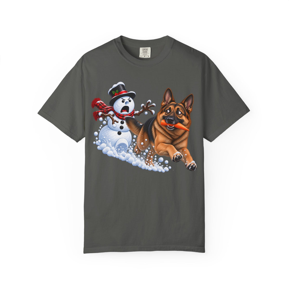 German Shepherd Snowman Carrot Chase T-Shirt – Funny Christmas GSD Shirt