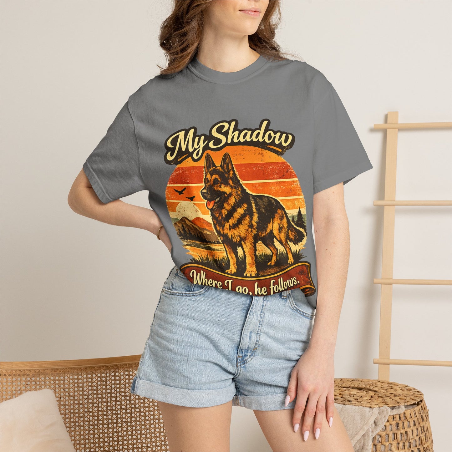 German Shepherd 'My Shadow' Vintage Sunset T-Shirt | Dog Lover Tee