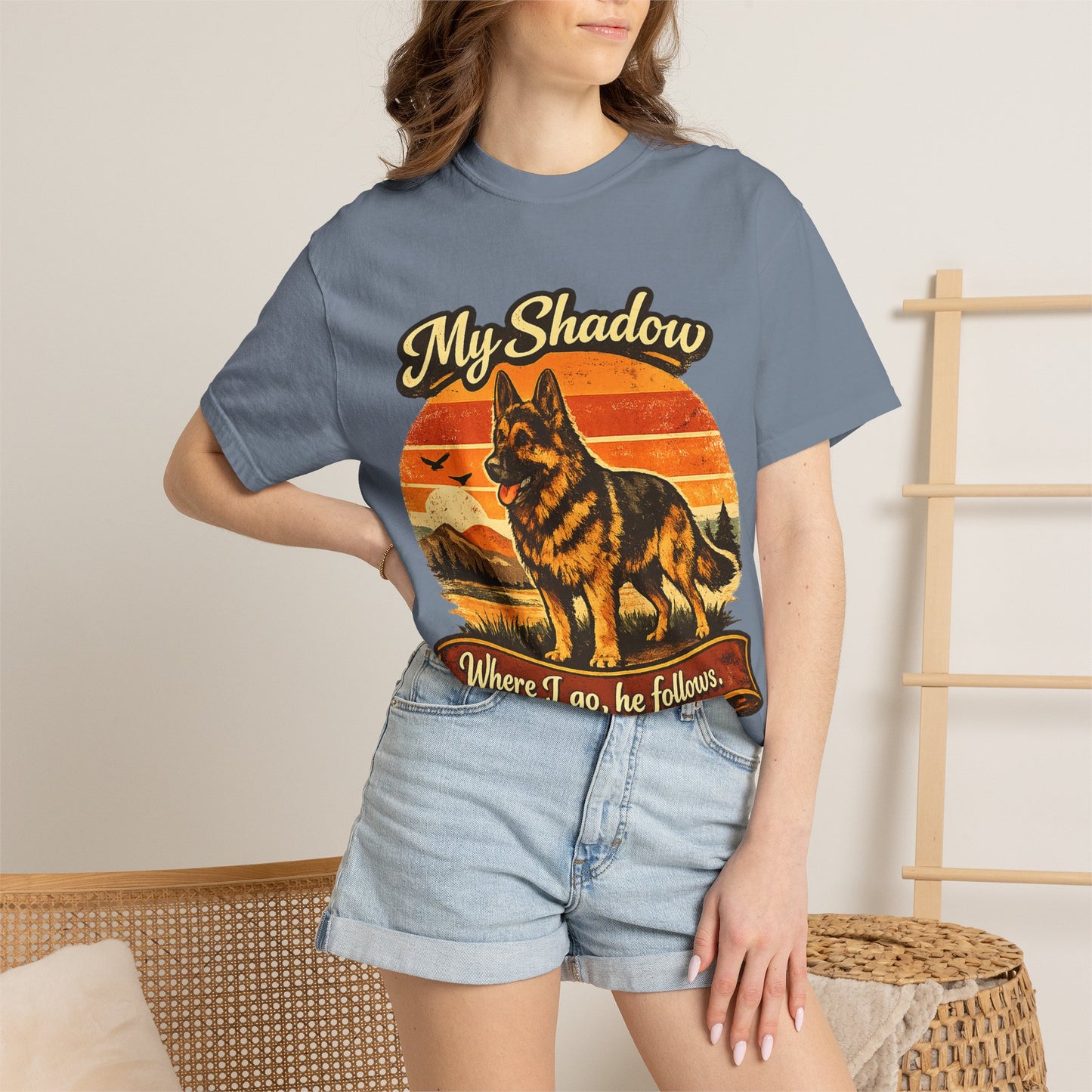 German Shepherd 'My Shadow' Vintage Sunset T-Shirt | Dog Lover Tee