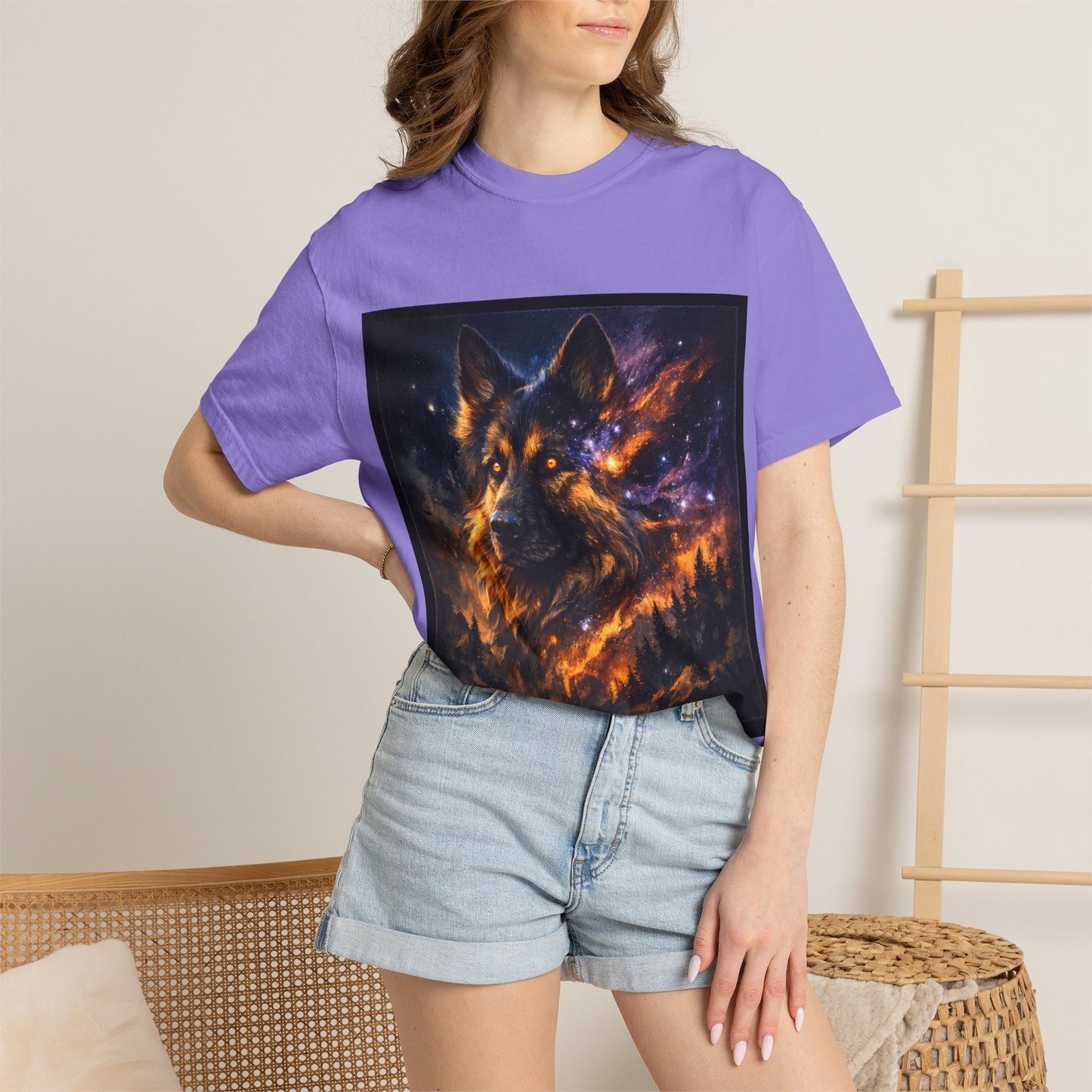Cosmic German Shepherd Blaze T-Shirt | Galaxy fire Animal Artwork