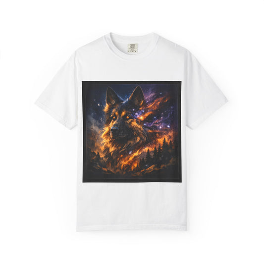 Cosmic German Shepherd Blaze T-Shirt | Galaxy fire Animal Artwork