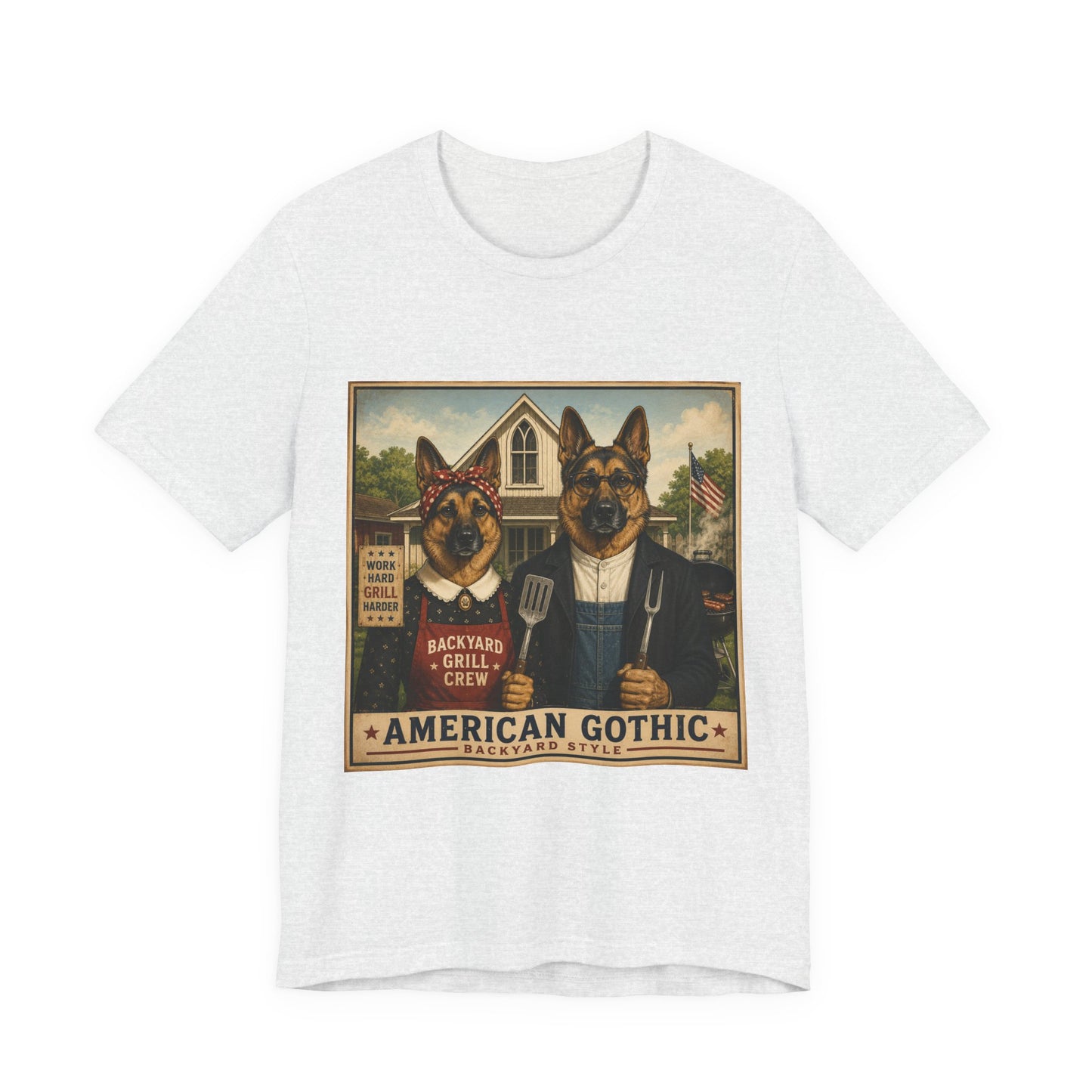 American Gothic – Backyard Style | German Shepherd BBQ T-Shirt