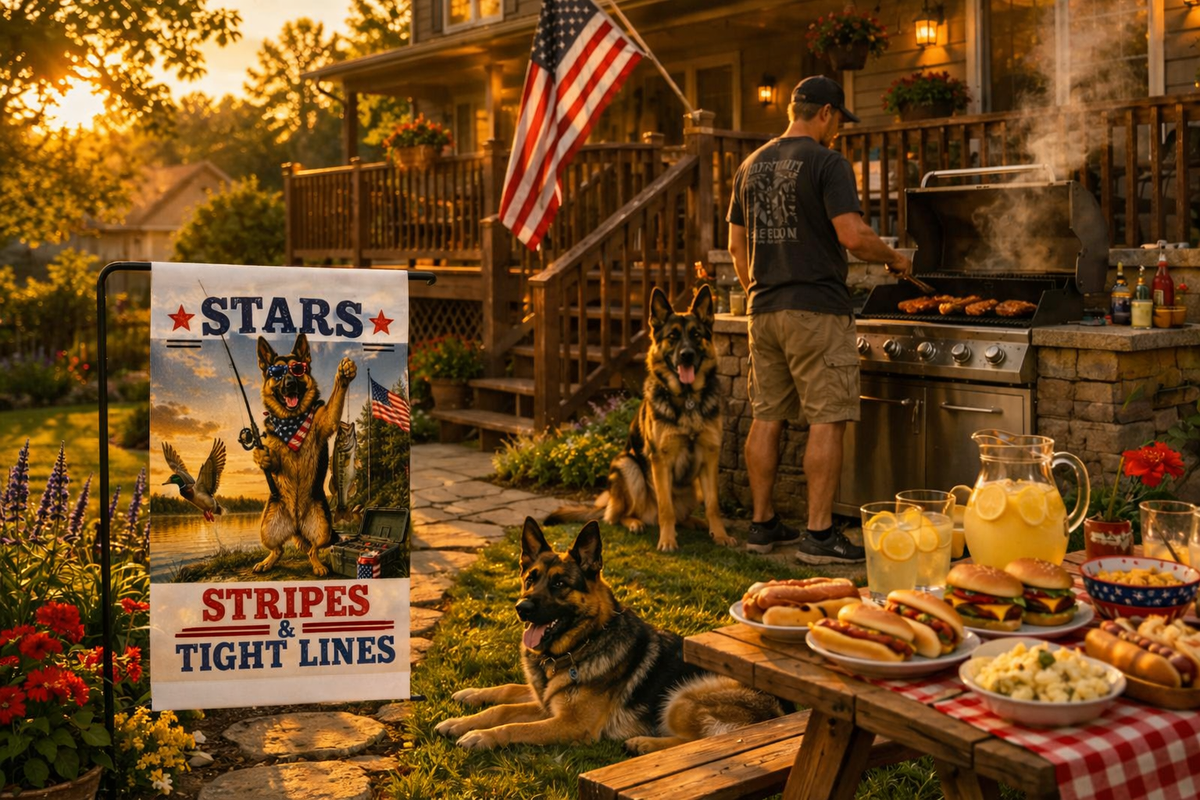 Stars Stripes and Tight Lines German Shepherd Garden Flag | Patriotic Fishing Flag | Fourth of July Yard Decor