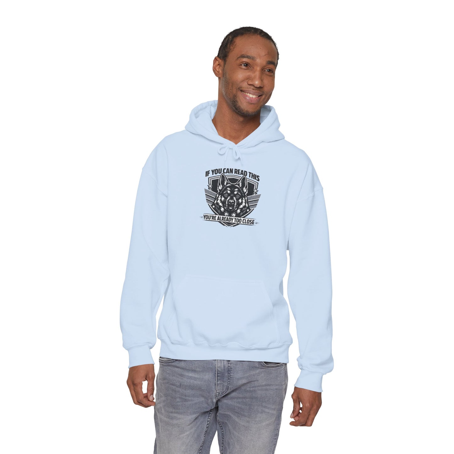 Hoodie — "If You Can Read This You're Already Too Close" Tactical Skull Graphic