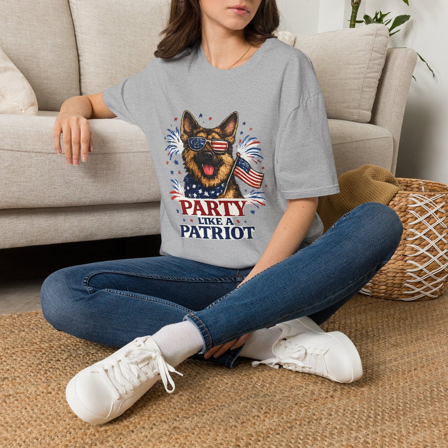 Patriotic German Shepherd Graphic T-Shirt | American Flag Sunglasses, Fireworks