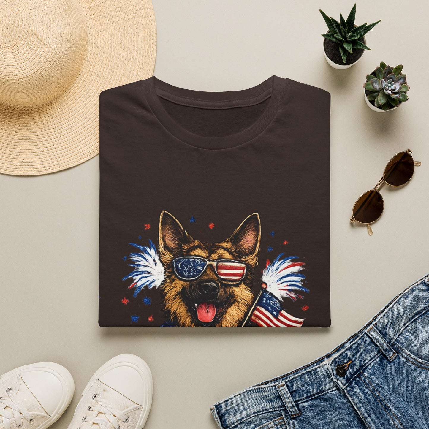 Patriotic German Shepherd Graphic T-Shirt | American Flag Sunglasses, Fireworks