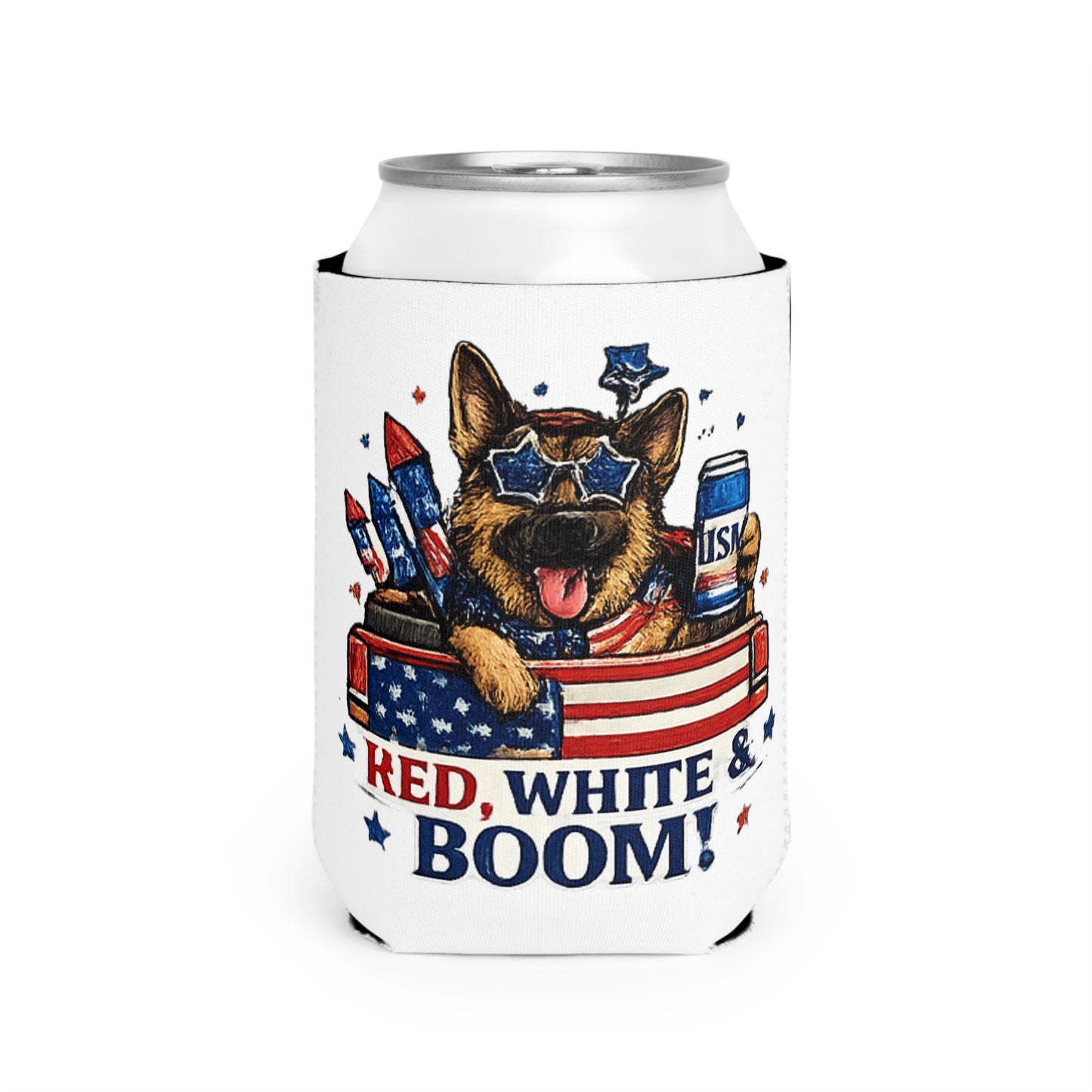 Red White & Boom German Shepherd Can Cooler | 4th of July Patriotic Koozie
