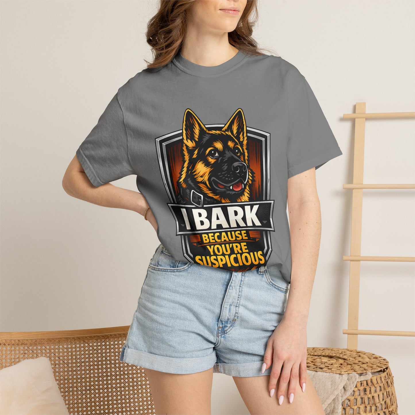 Dog Lover T‑Shirt — “I Bark Because You’re Suspicious” German Shepherd Tee