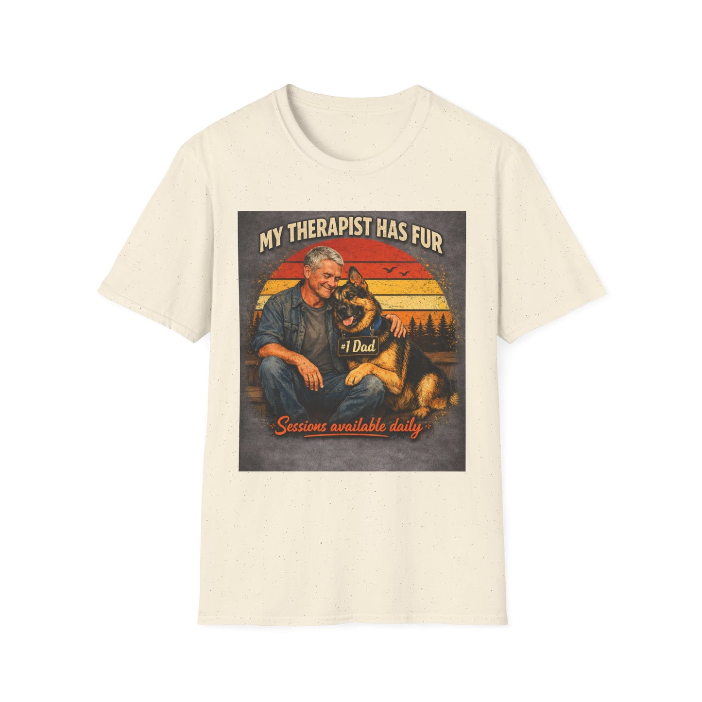 My Therapist Has Fur T-Shirt | Dog Dad Retro Sunset Design