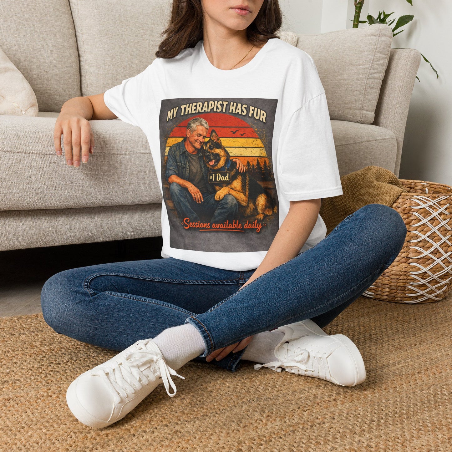 My Therapist Has Fur T-Shirt | Dog Dad Retro Sunset Design