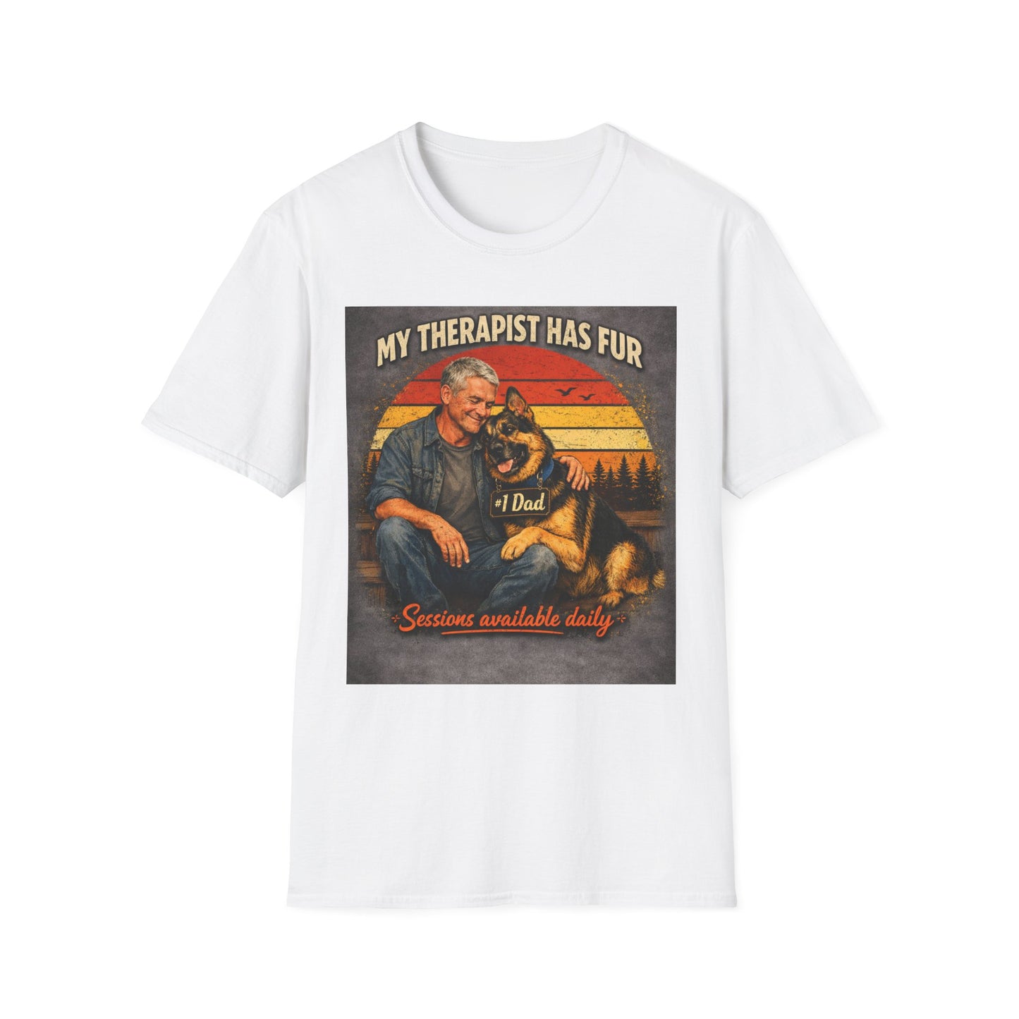 My Therapist Has Fur T-Shirt | Dog Dad Retro Sunset Design