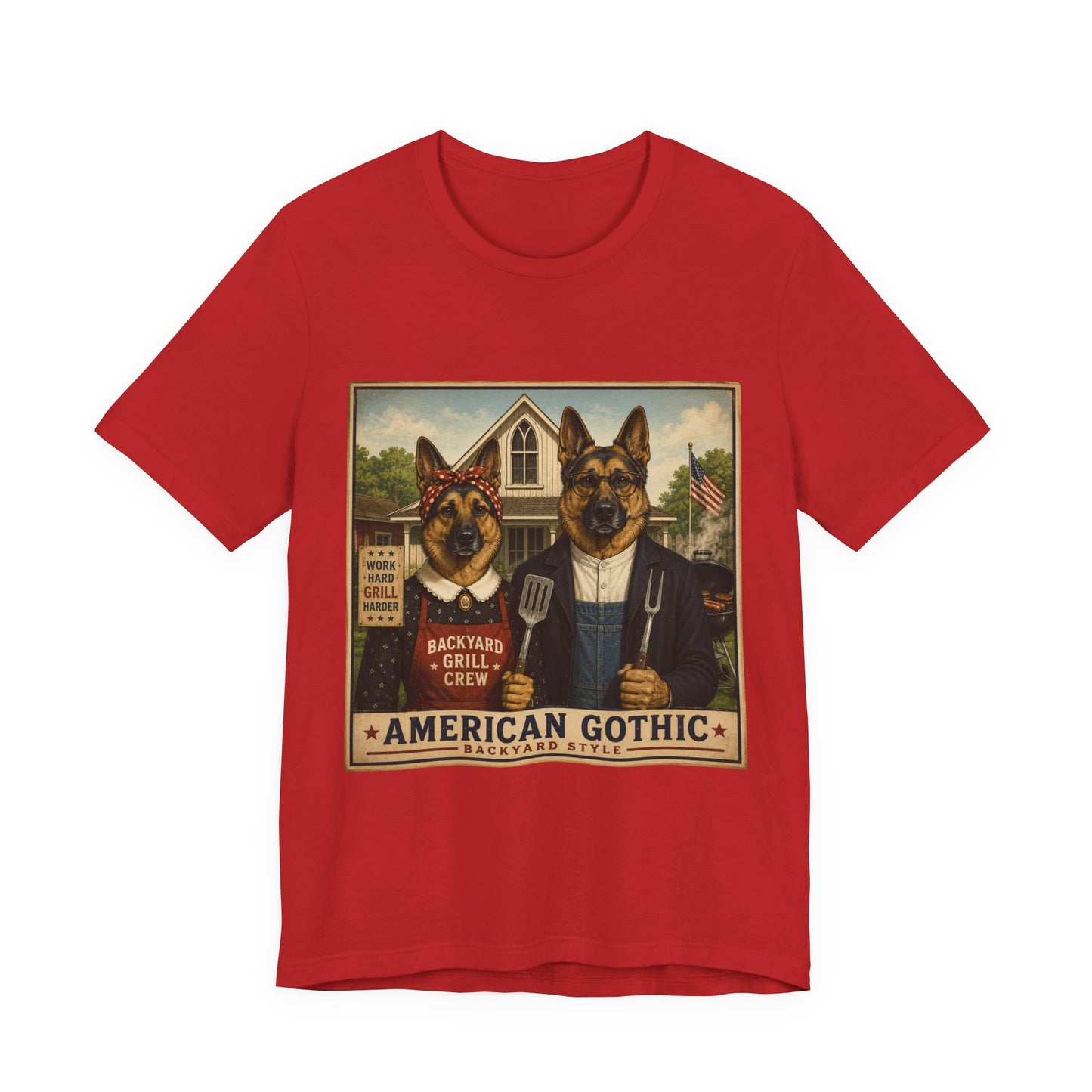 American Gothic – Backyard Style | German Shepherd BBQ T-Shirt