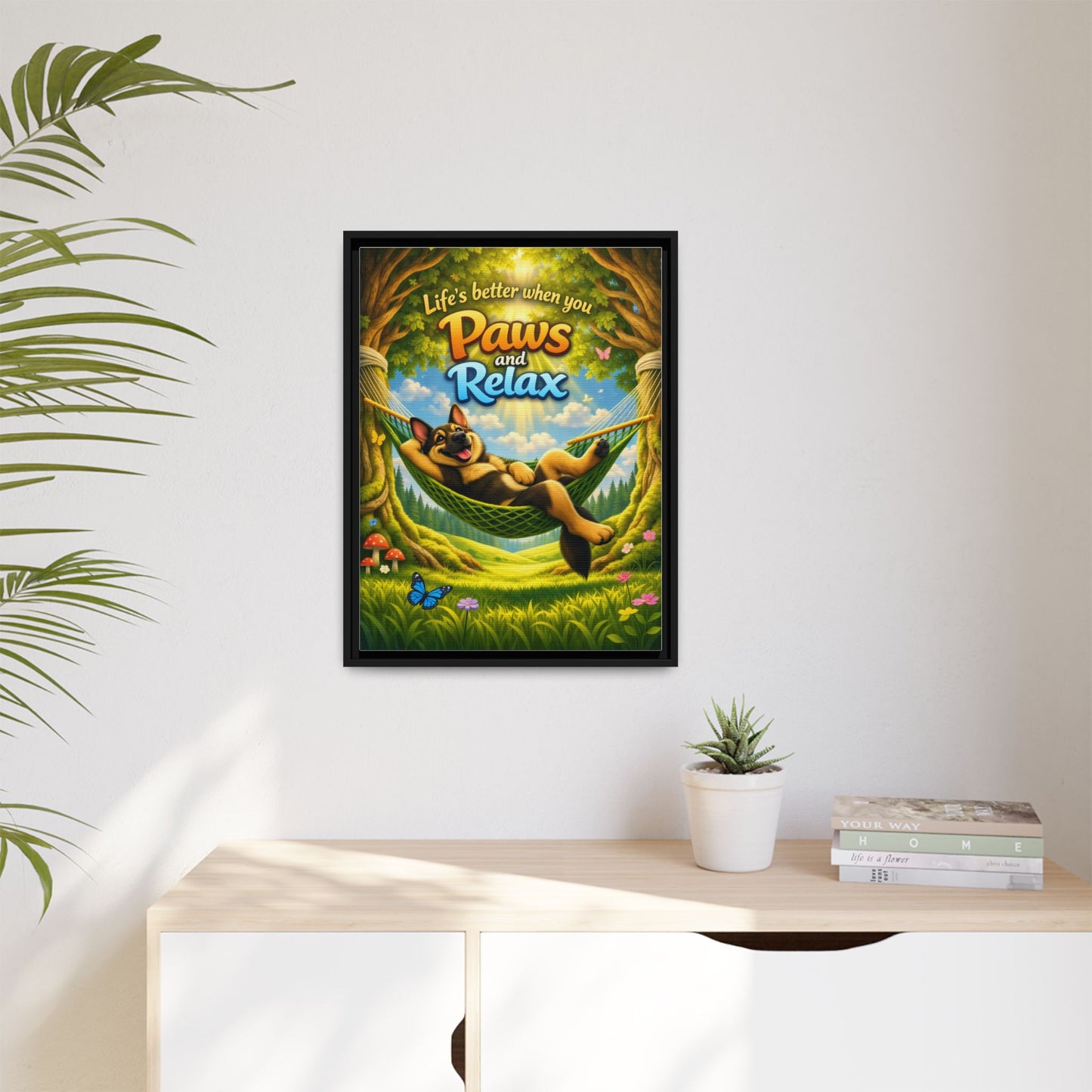 German Shepherd Wall Art – "Life's Better When You Paws and Relax" Framed Canvas Print