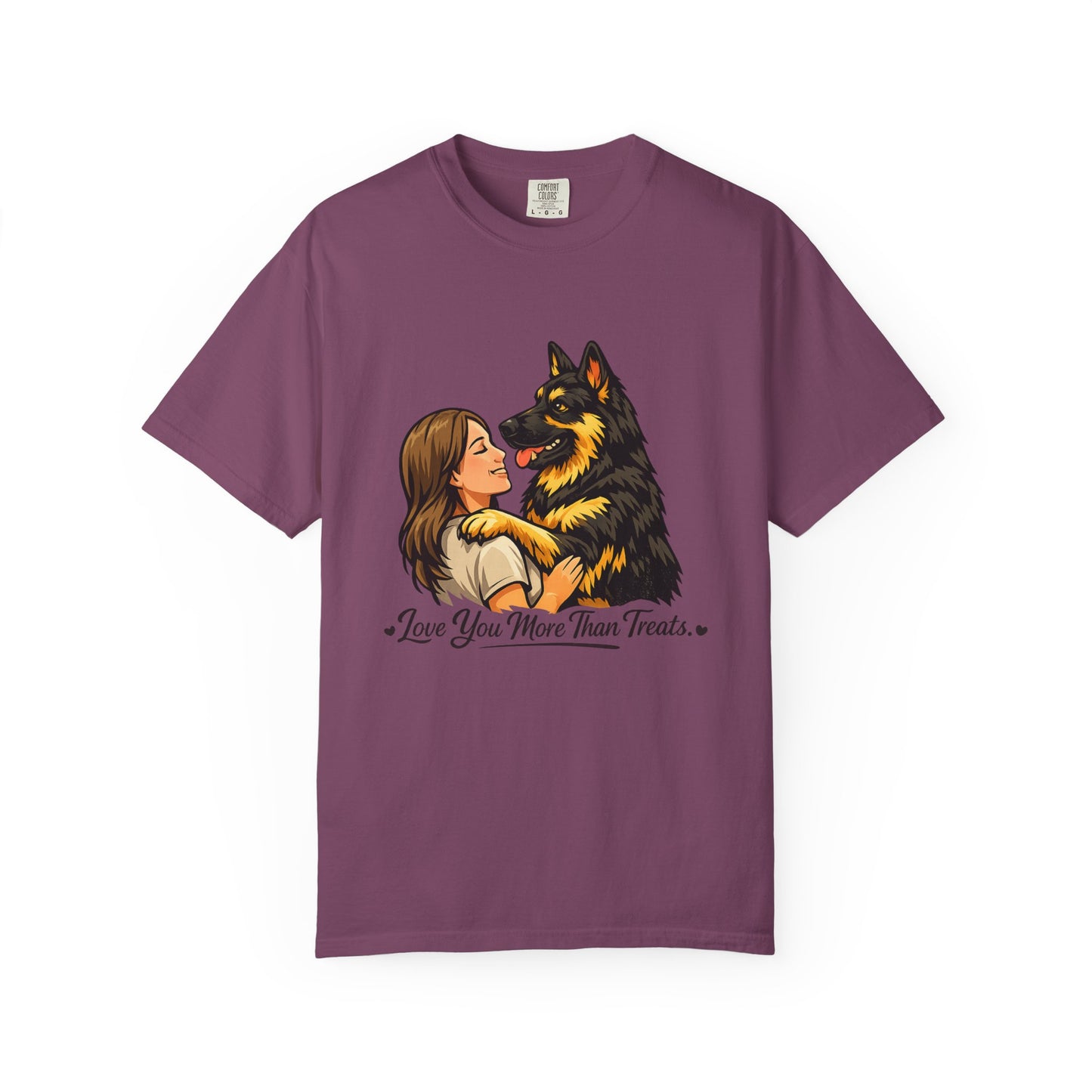 I Love You More Than Treats T-shirt | Girl Hugging German Shepherd Dog