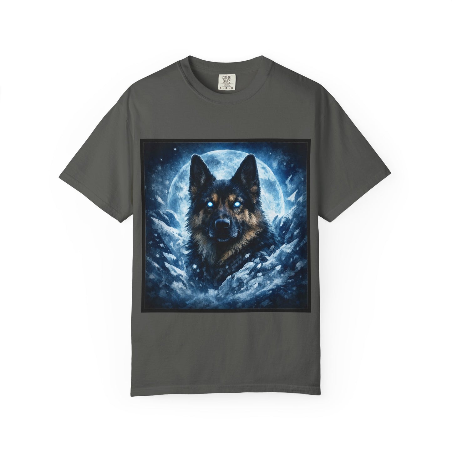 Mystic German Shepherd Moon T-shirt | Glowing Blue German Shepherd Portrait