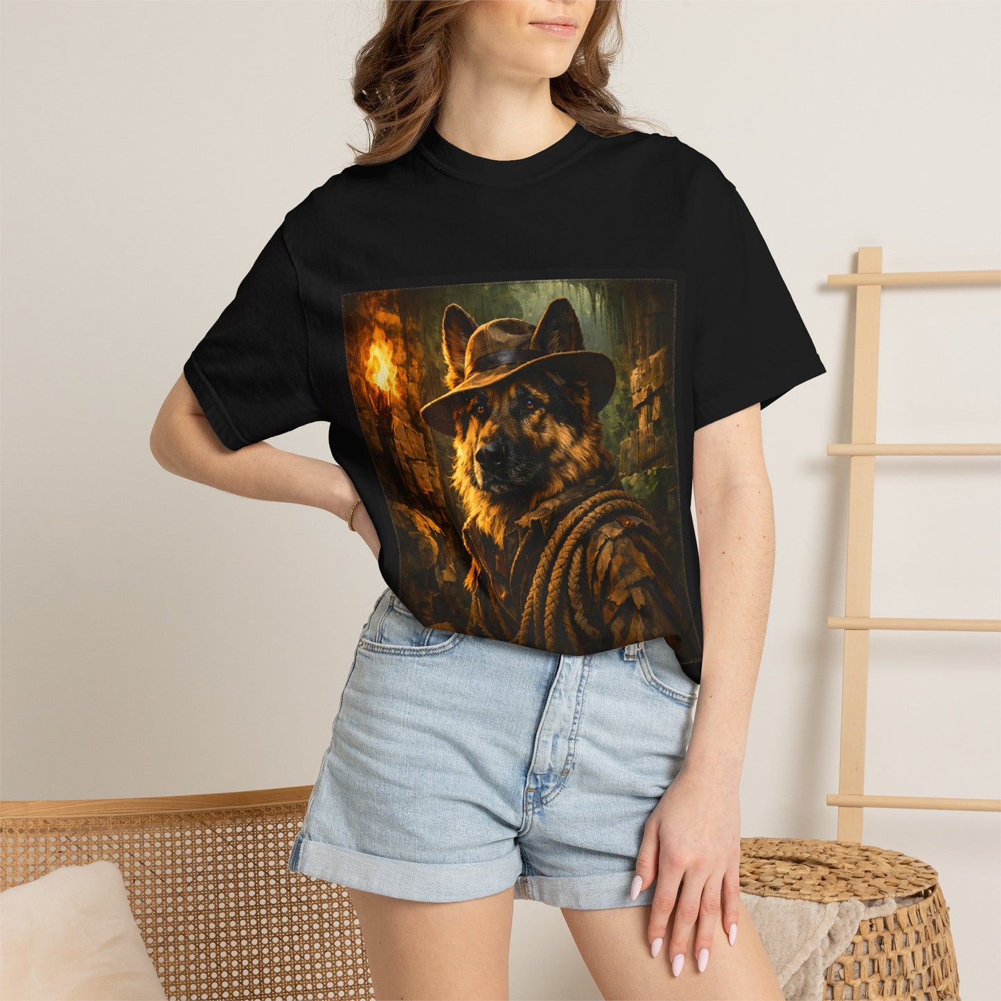 Indy Explorer German Shepherd T‑Shirt – Adventure Dog Lover Tee | Vintage Noir Canine Illustration | Bella Canvas 3001
