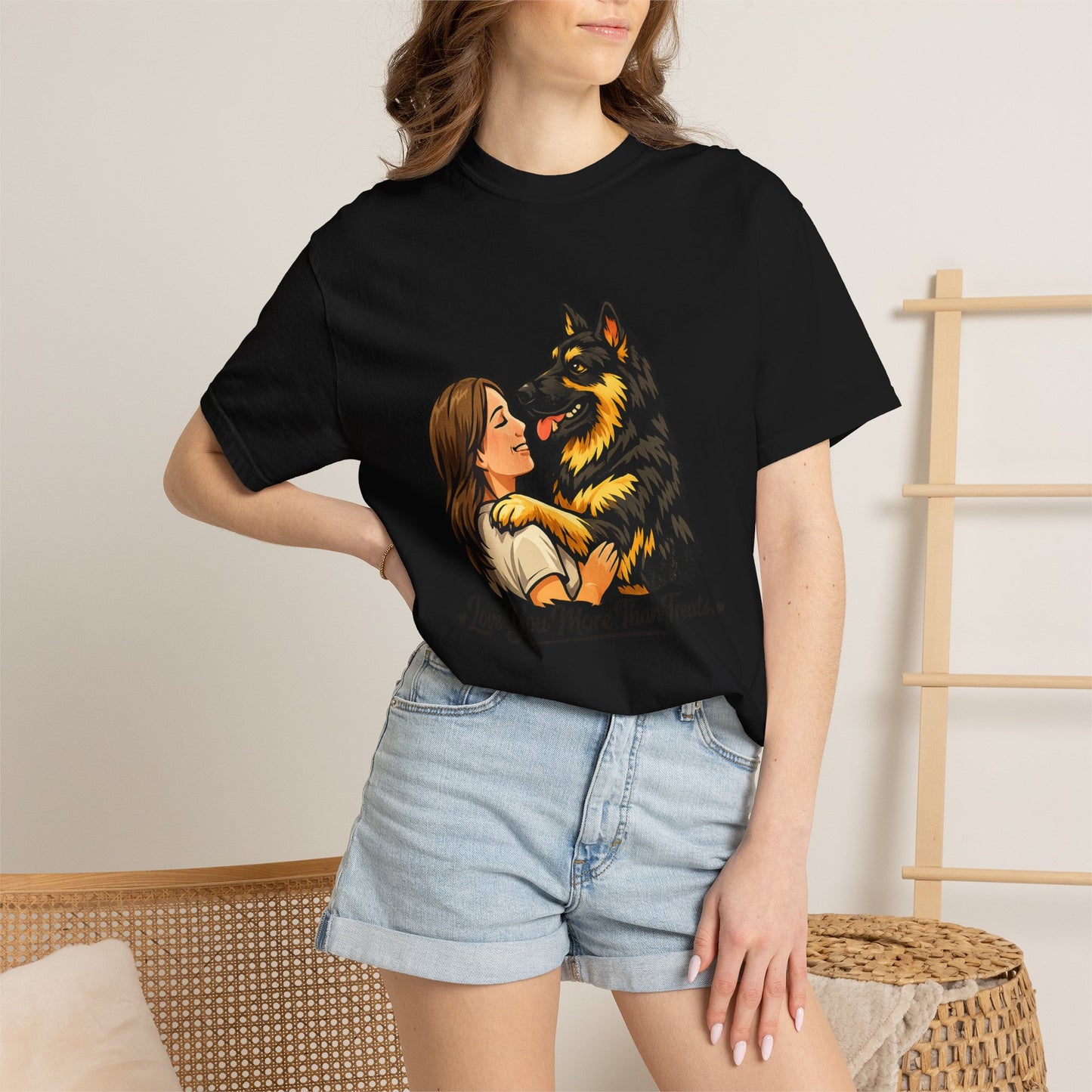 I Love You More Than Treats T-shirt | Girl Hugging German Shepherd Dog