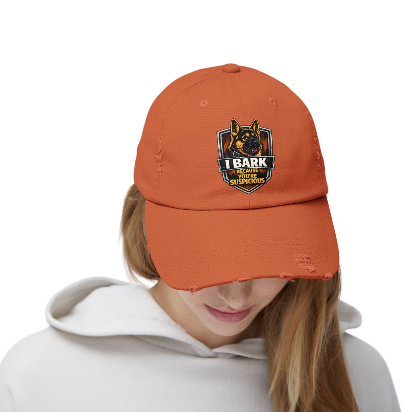 Distressed Cap — “I Bark Because You’re Suspicious” German Shepherd Patrol Hat