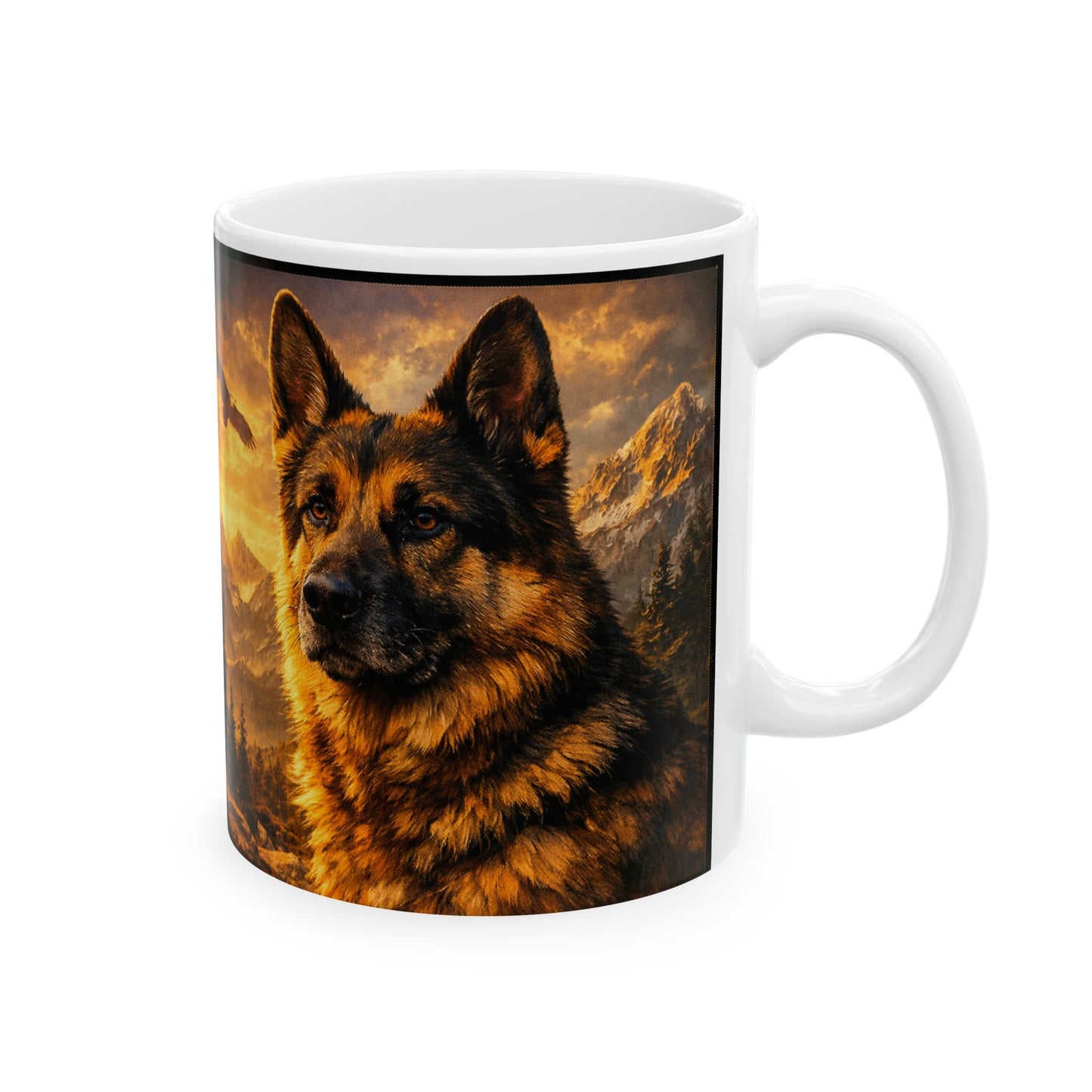German Shepherd Portrait Mug | Mountain Sunset Landscape, Eagle Silhouette
