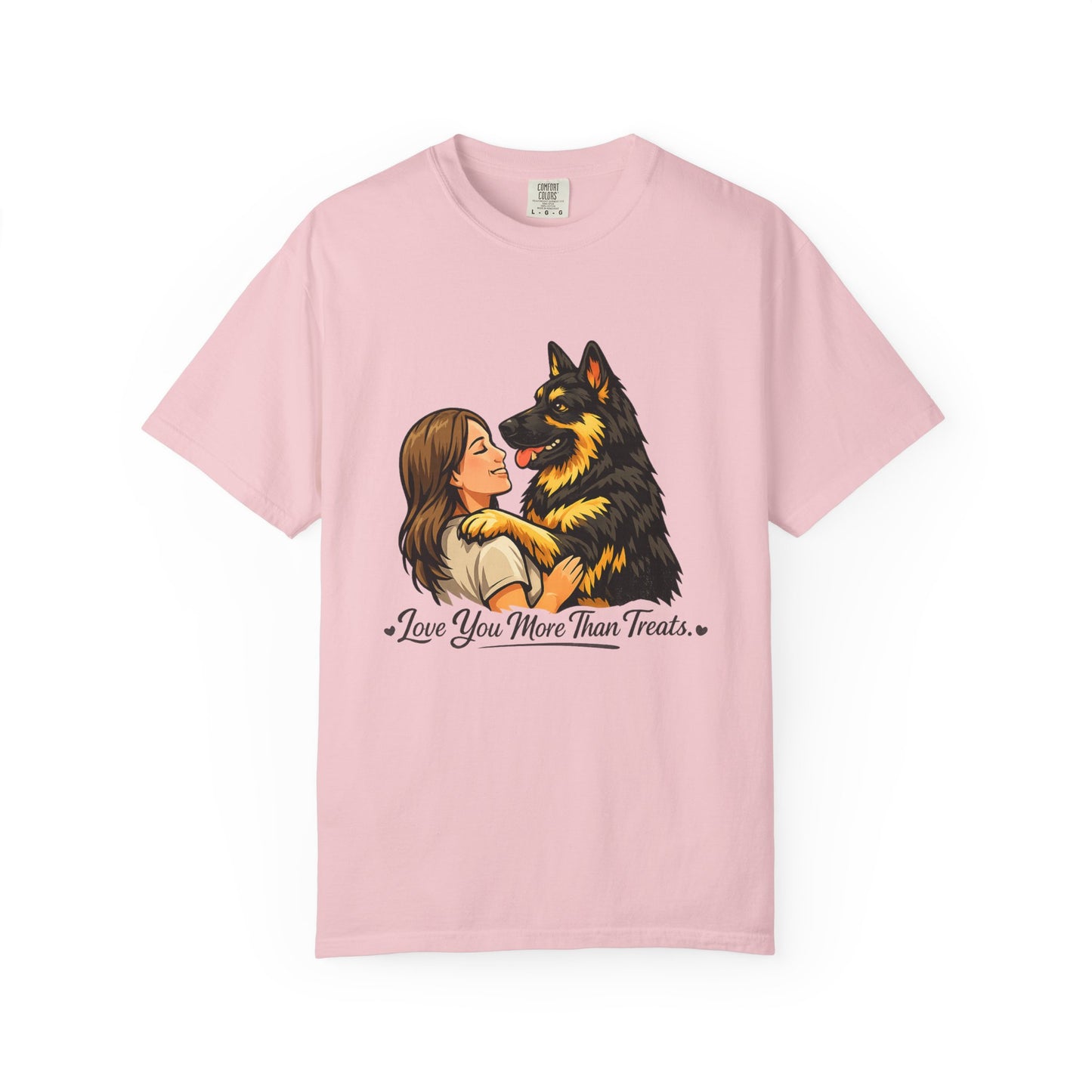 I Love You More Than Treats T-shirt | Girl Hugging German Shepherd Dog