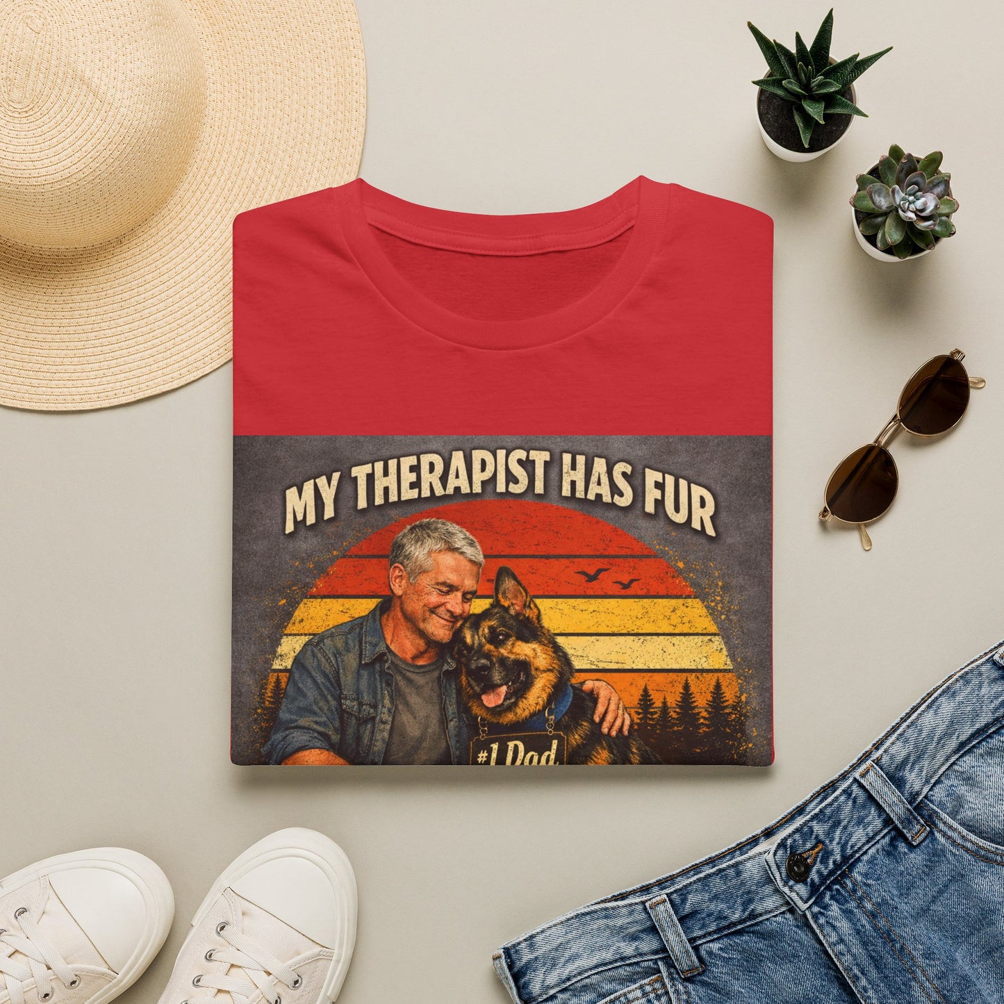 My Therapist Has Fur T-Shirt | Dog Dad Retro Sunset Design
