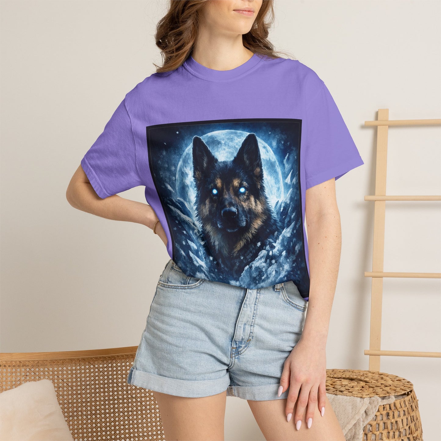 Mystic German Shepherd Moon T-shirt | Glowing Blue German Shepherd Portrait