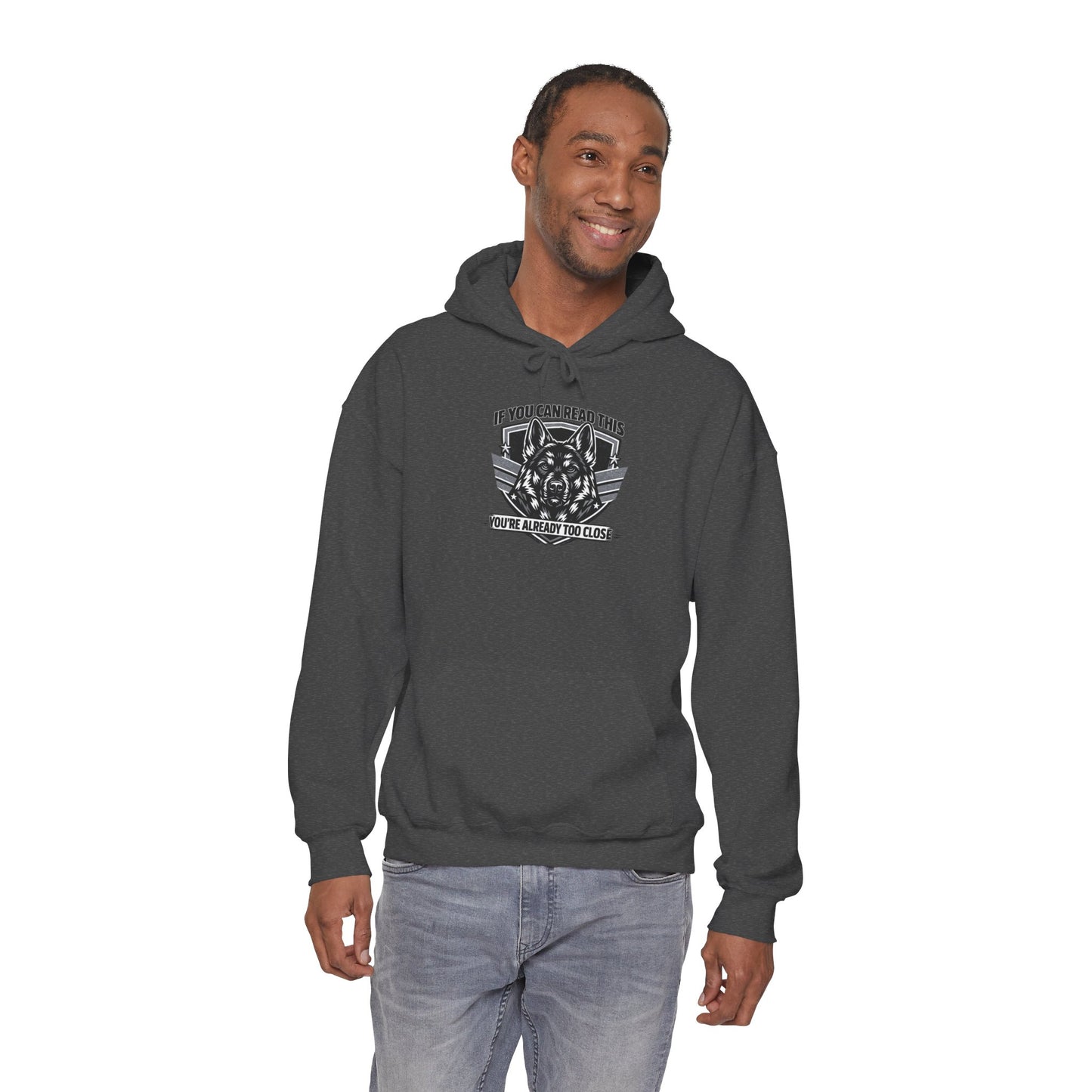 Hoodie — "If You Can Read This You're Already Too Close" Tactical Skull Graphic