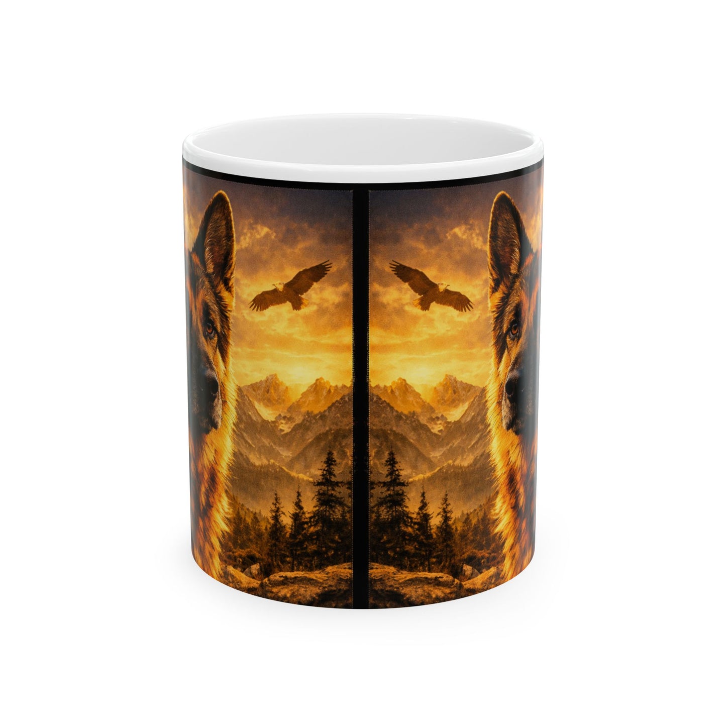 German Shepherd Portrait Mug | Mountain Sunset Landscape, Eagle Silhouette