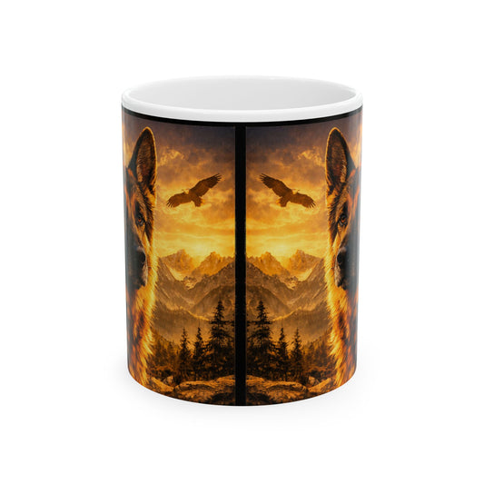 German Shepherd Portrait Mug | Mountain Sunset Landscape, Eagle Silhouette