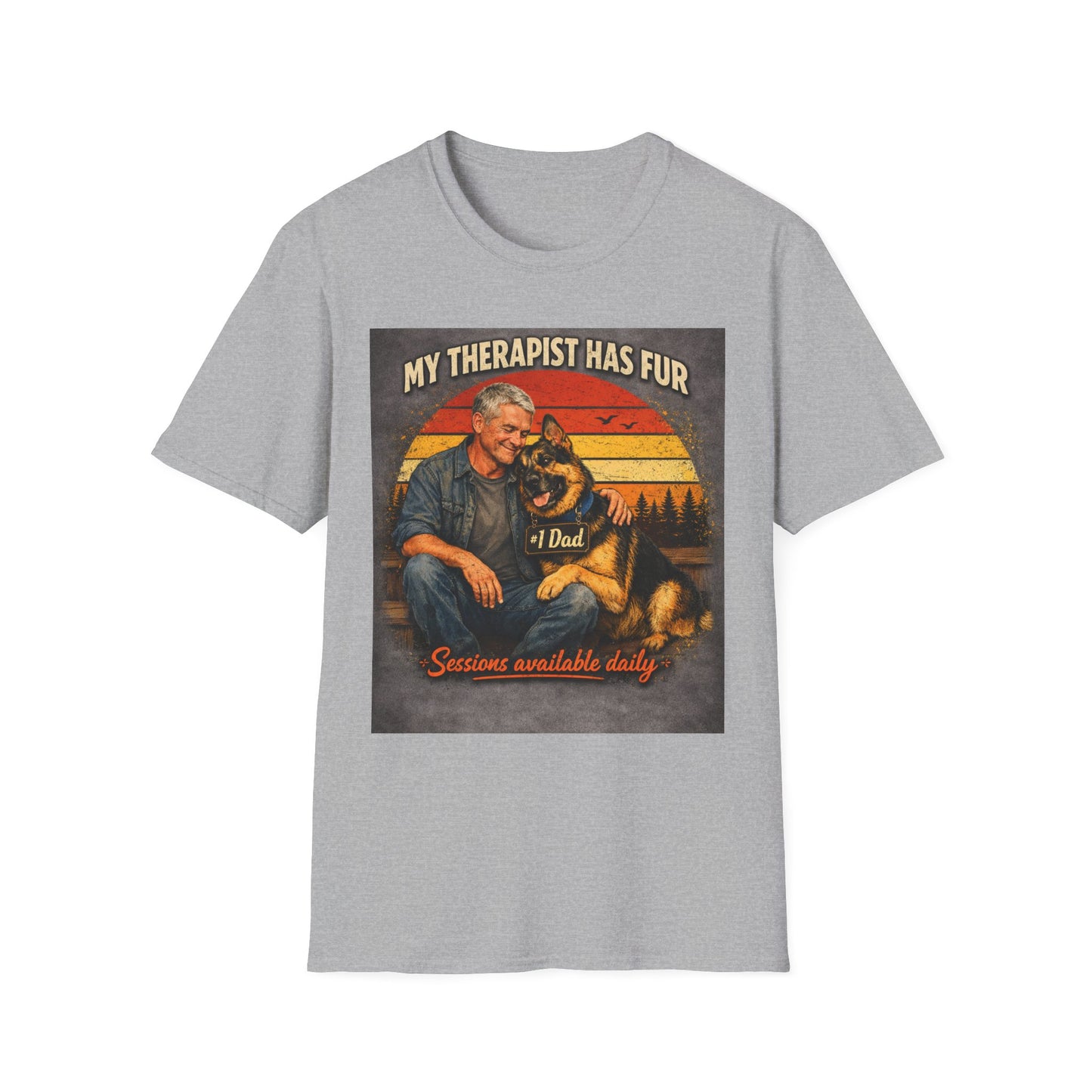 My Therapist Has Fur T-Shirt | Dog Dad Retro Sunset Design