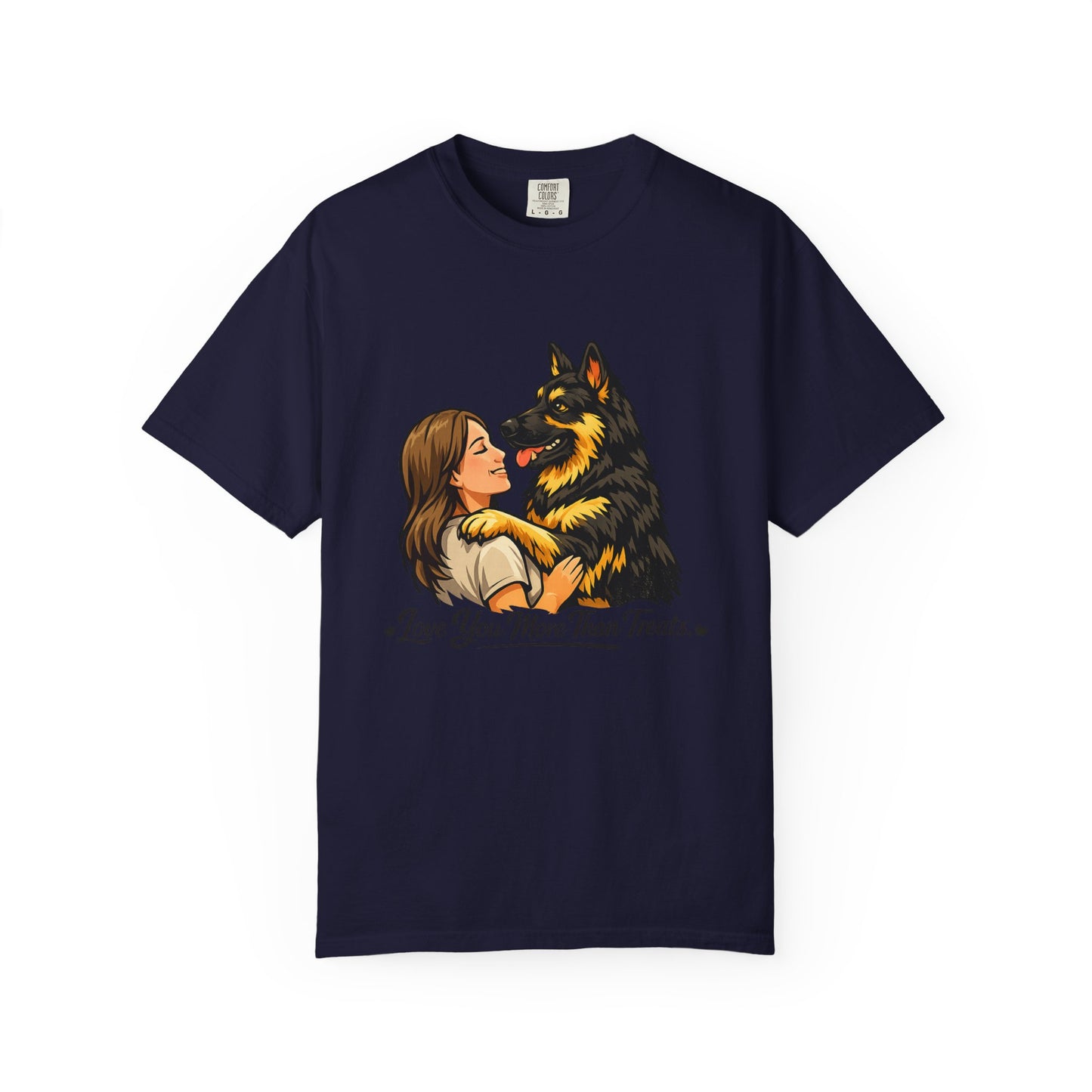 I Love You More Than Treats T-shirt | Girl Hugging German Shepherd Dog
