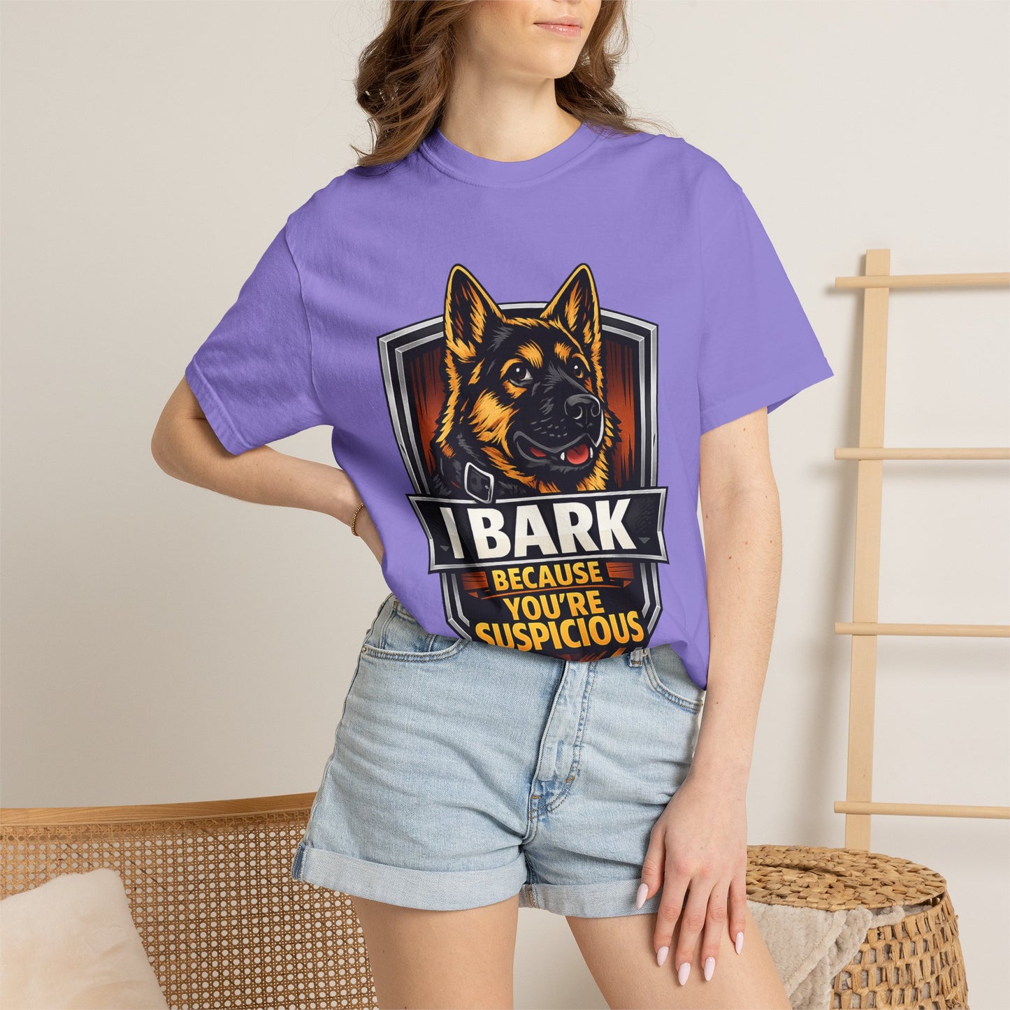 Dog Lover T‑Shirt — “I Bark Because You’re Suspicious” German Shepherd Tee