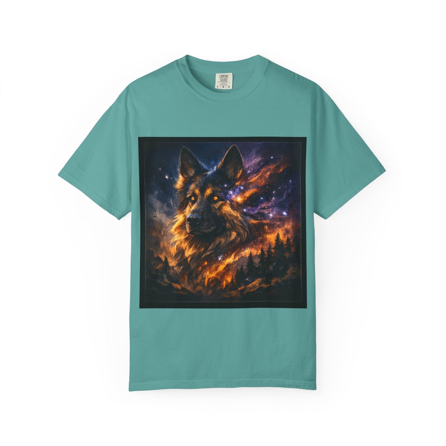 Cosmic German Shepherd Blaze T-Shirt | Galaxy fire Animal Artwork