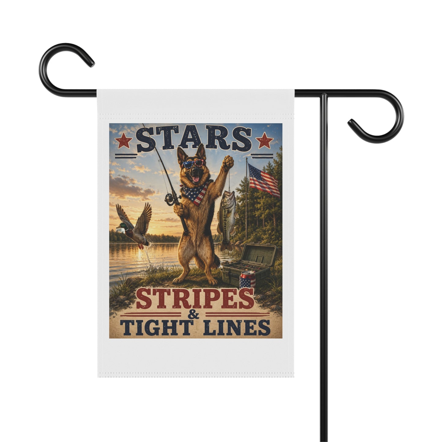 Patriotic German Shepherd Fishing Garden Flag - "Stars, Stripes & Tight Lines"
