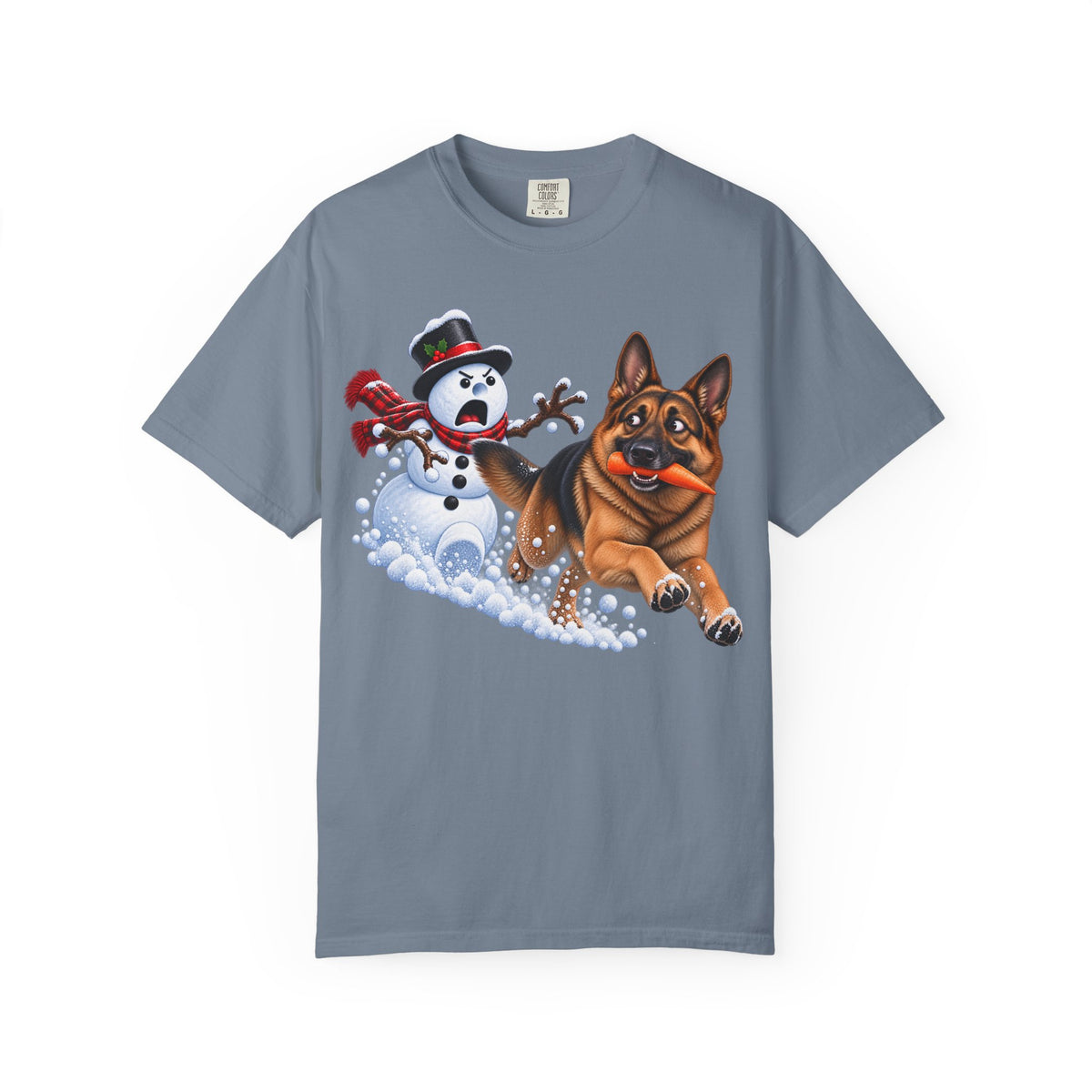 German Shepherd Snowman Carrot Chase T-Shirt – Funny Christmas GSD Shirt