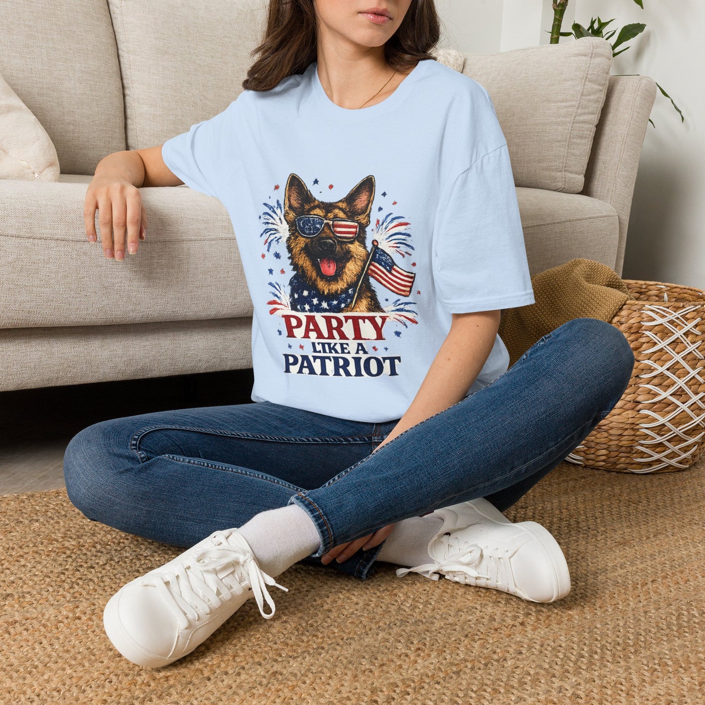 Patriotic German Shepherd Graphic T-Shirt | American Flag Sunglasses, Fireworks