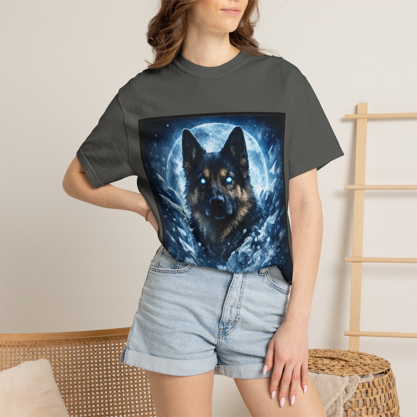 Mystic German Shepherd Moon T-shirt | Glowing Blue German Shepherd Portrait