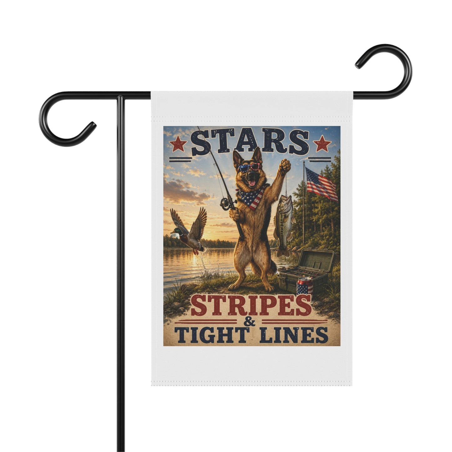 Patriotic German Shepherd Fishing Garden Flag - "Stars, Stripes & Tight Lines"