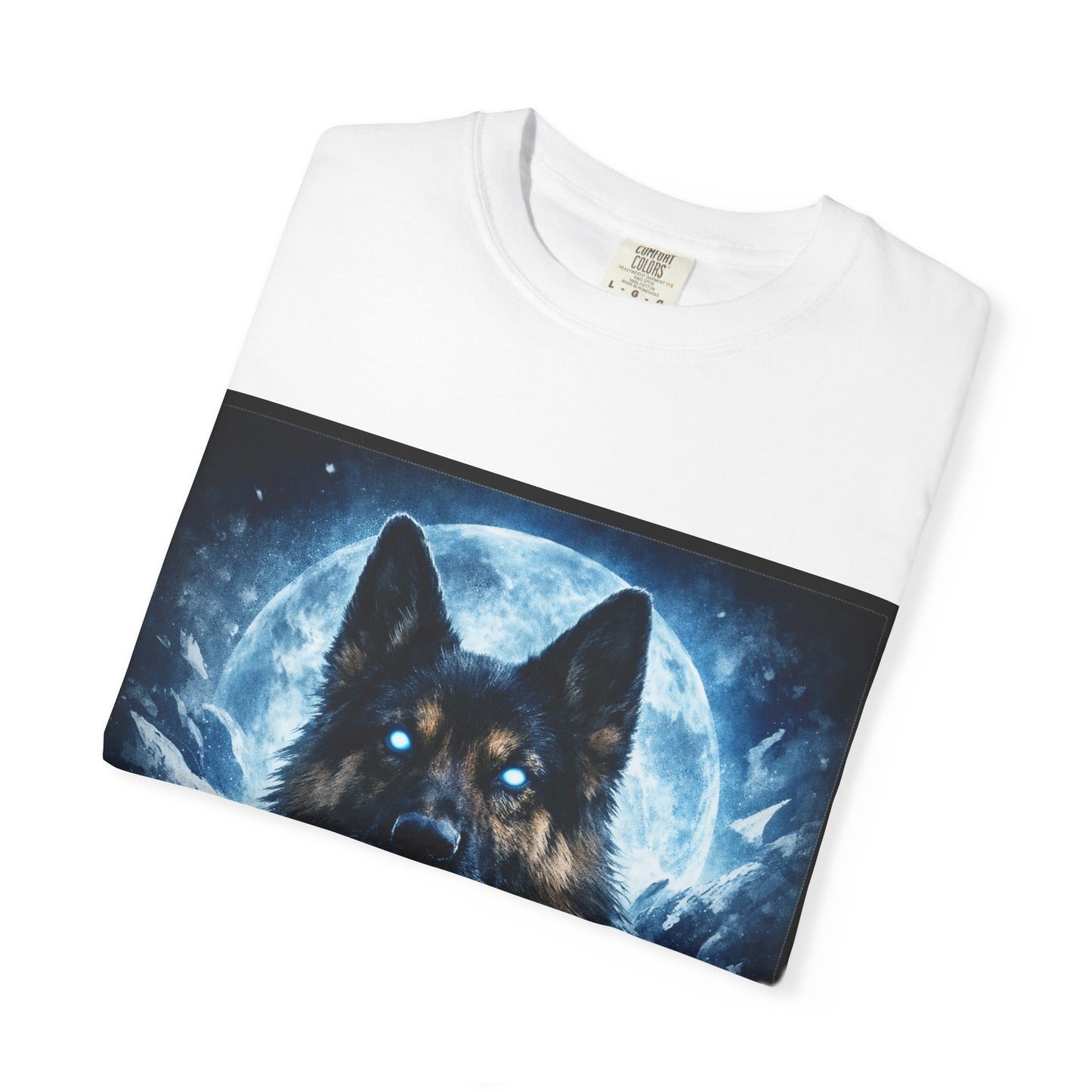 Mystic German Shepherd Moon T-shirt | Glowing Blue German Shepherd Portrait