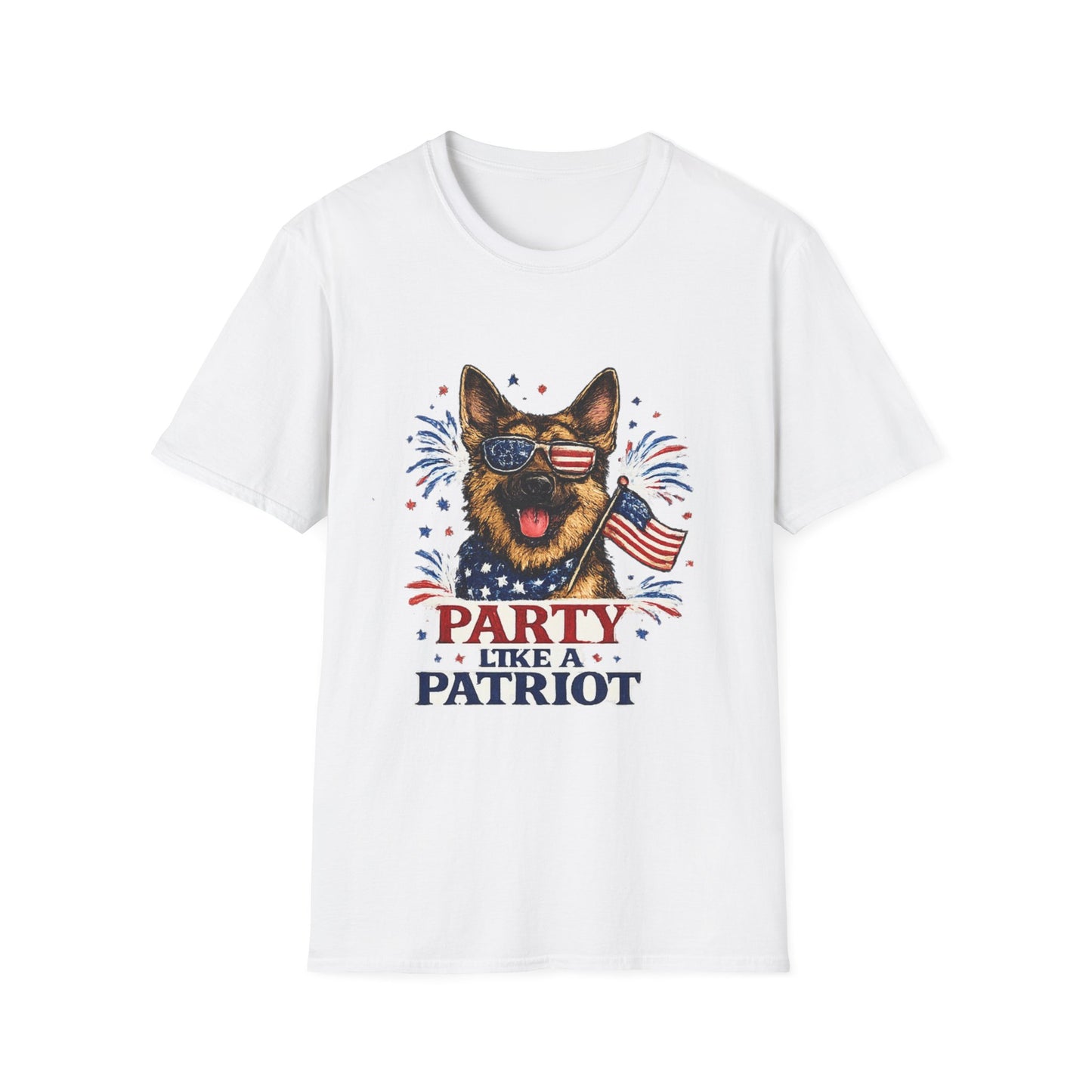 Patriotic German Shepherd Graphic T-Shirt | American Flag Sunglasses, Fireworks