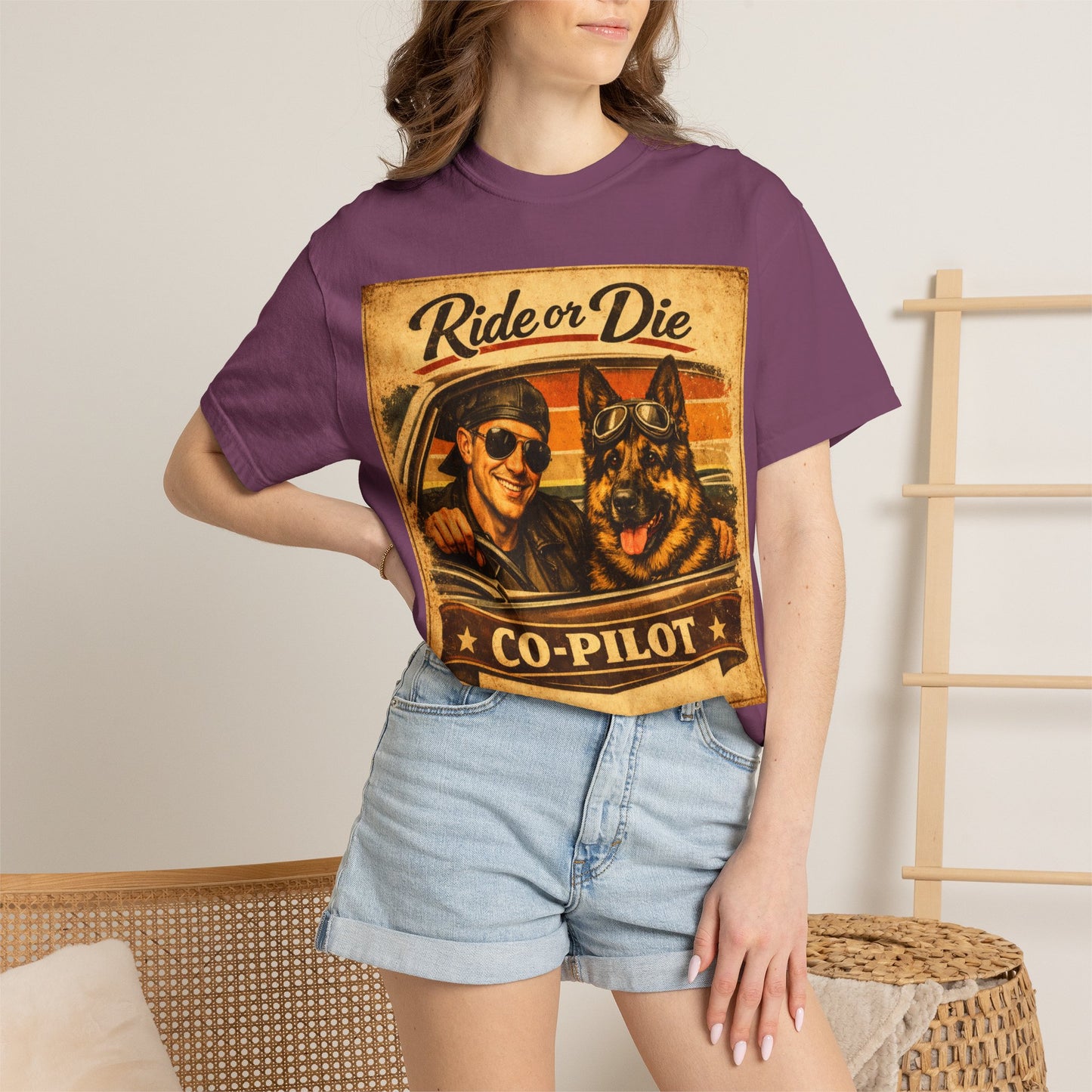 Ride or Die Co-Pilot T-shirt | Retro Driver and German Shepherd Design