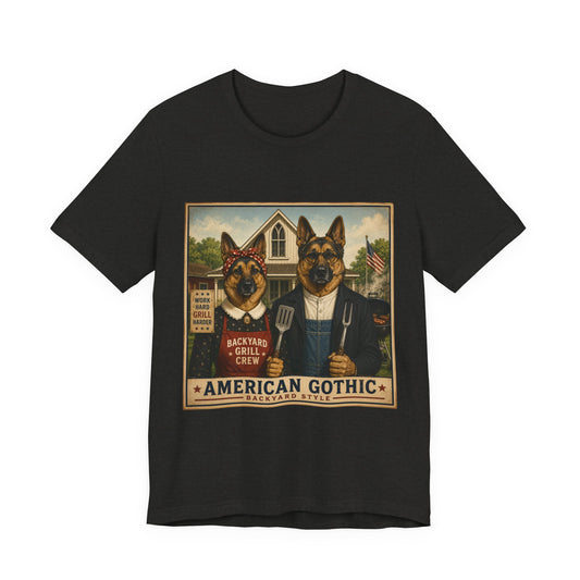 American Gothic – Backyard Style | German Shepherd BBQ T-Shirt