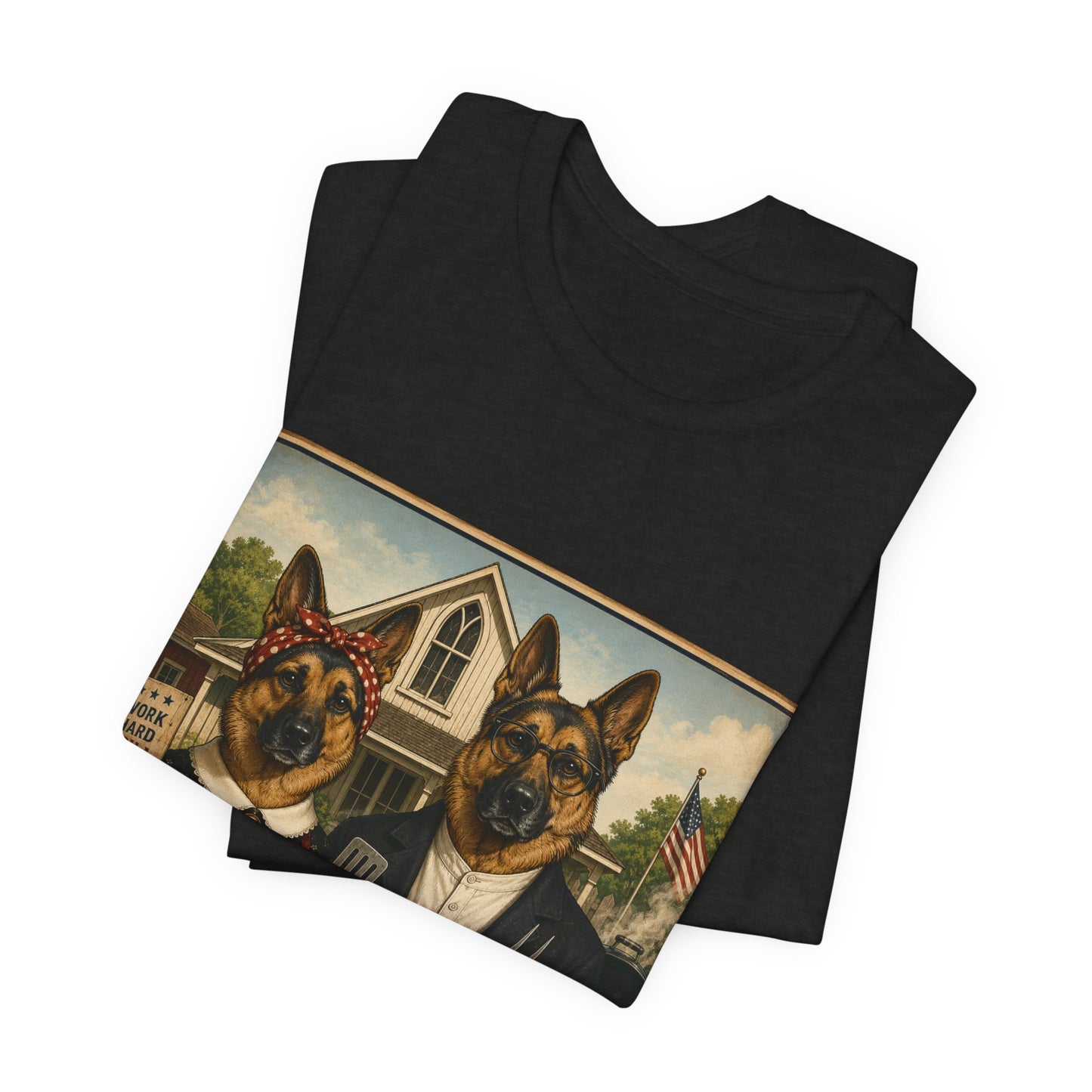 American Gothic – Backyard Style | German Shepherd BBQ T-Shirt