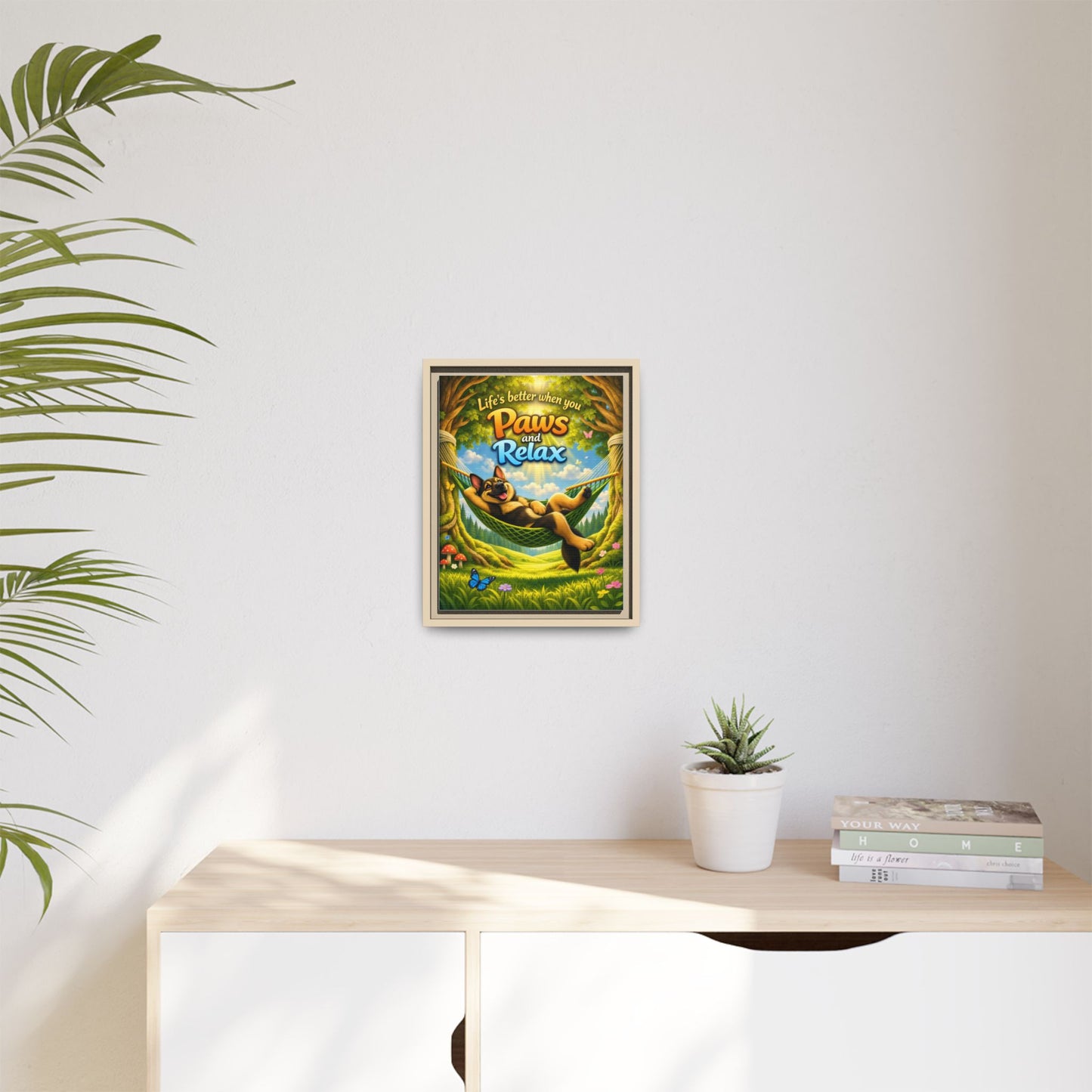 German Shepherd Wall Art – "Life's Better When You Paws and Relax" Framed Canvas Print