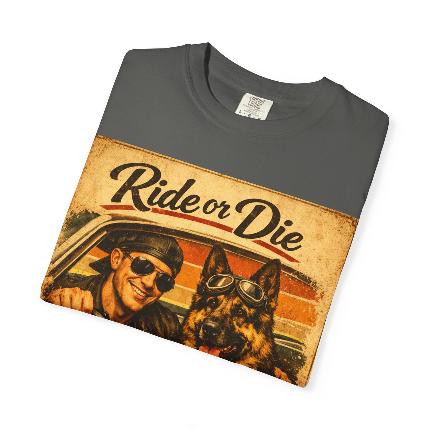 Ride or Die Co-Pilot T-shirt | Retro Driver and German Shepherd Design