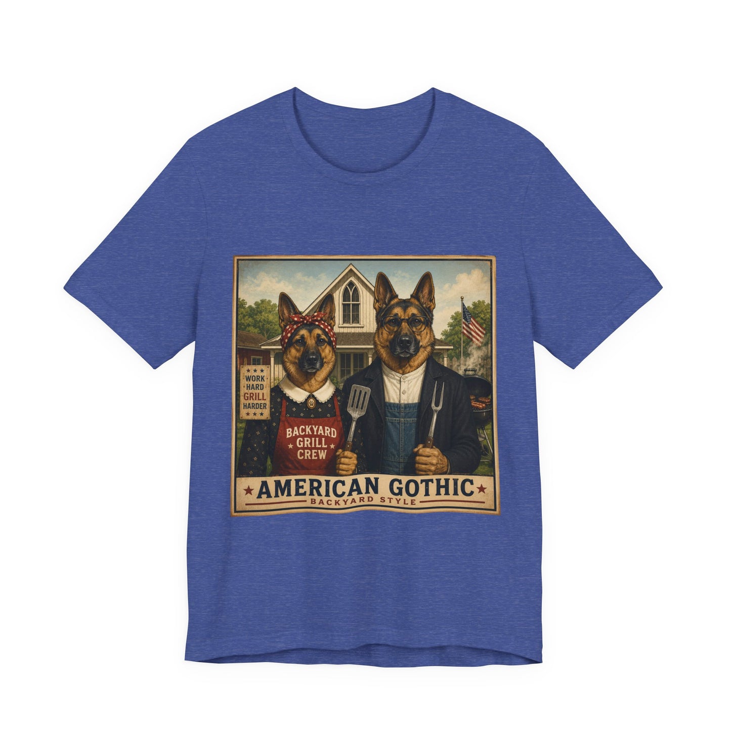 American Gothic – Backyard Style | German Shepherd BBQ T-Shirt