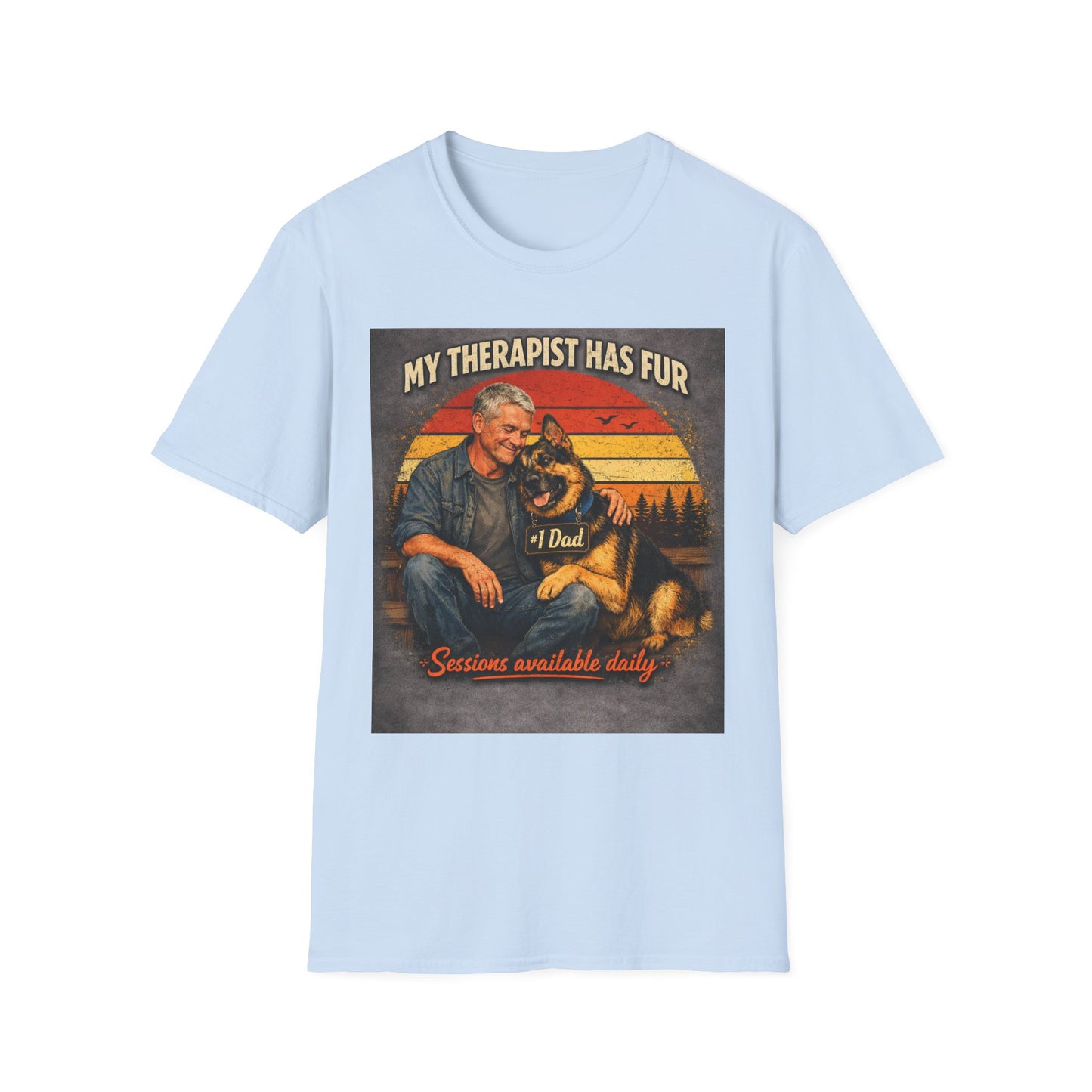 My Therapist Has Fur T-Shirt | Dog Dad Retro Sunset Design