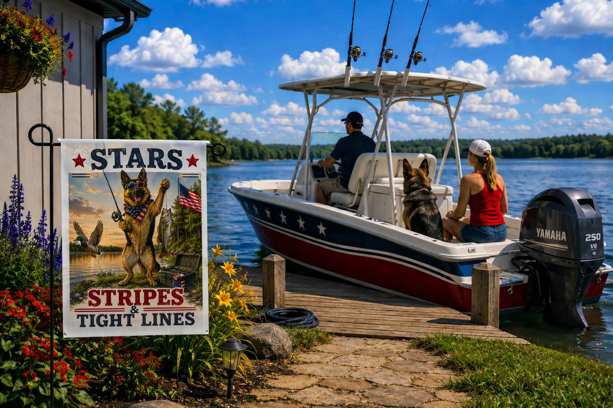 Stars Stripes and Tight Lines German Shepherd Garden Flag | Patriotic Fishing Flag | Fourth of July Yard Decor