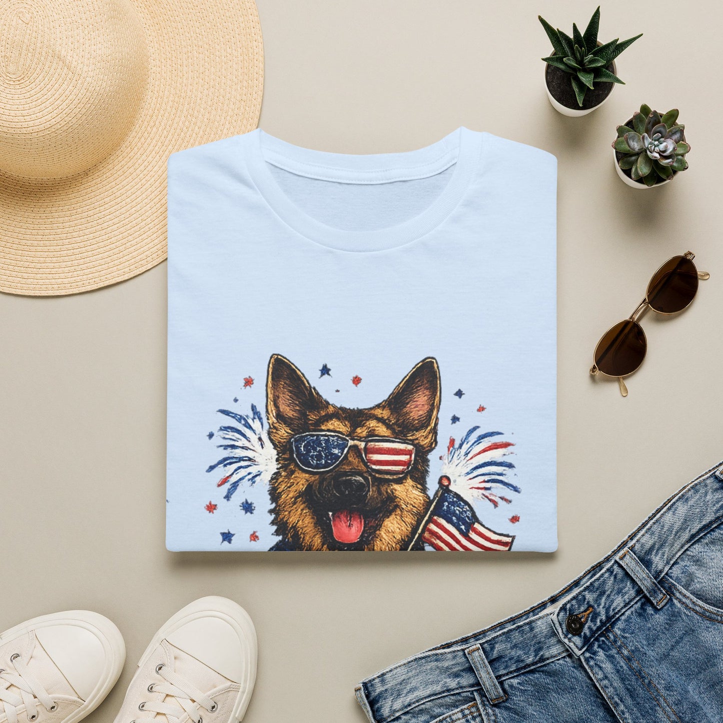 Patriotic German Shepherd Graphic T-Shirt | American Flag Sunglasses, Fireworks