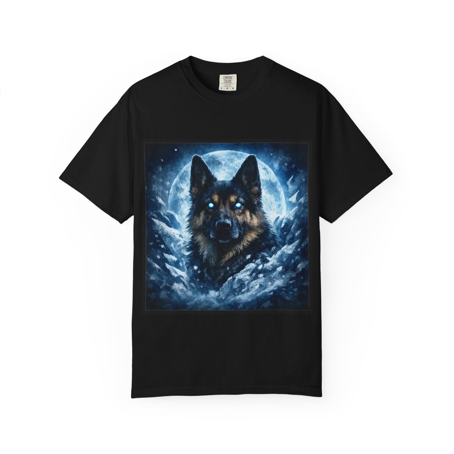 Mystic German Shepherd Moon T-shirt | Glowing Blue German Shepherd Portrait